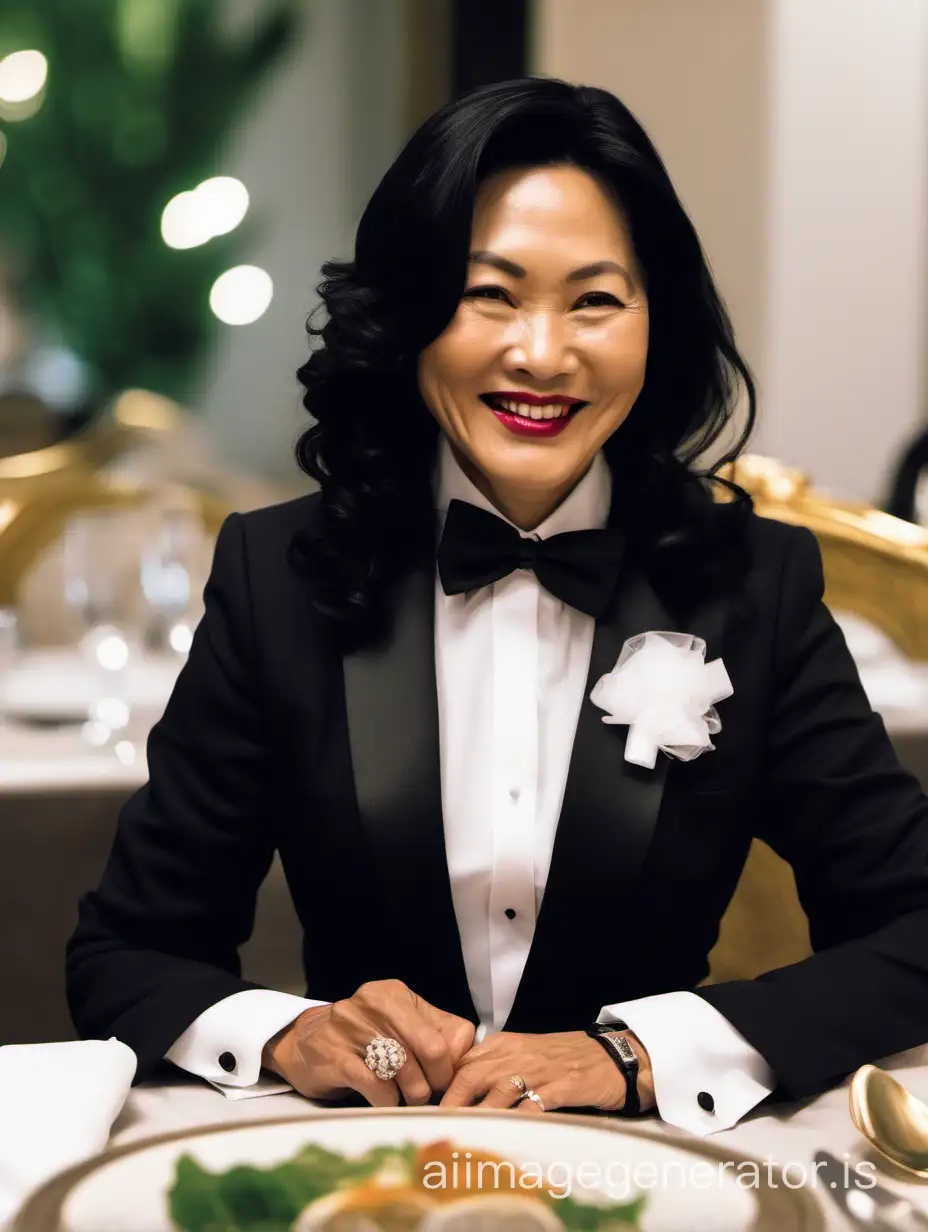 A 40 year old Vietnamese woman wearing a black tuxedo jacket and a white shirt and a black bow tie and big cufflinks is sitting at a dinner table.  She is smiling.  She has shoulder length black hair and is wearing lipstick.  Her jacket has a corsage.
