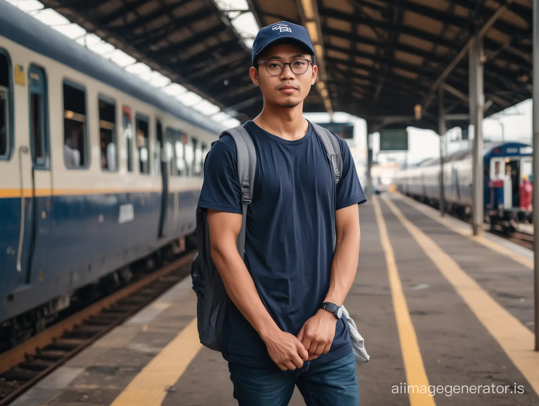 The young Indonesian man, wearing darkblue long t-shirt, Carrier Bag,  eye level angle, baseball cap, glasses, standing beside the train, train terminal