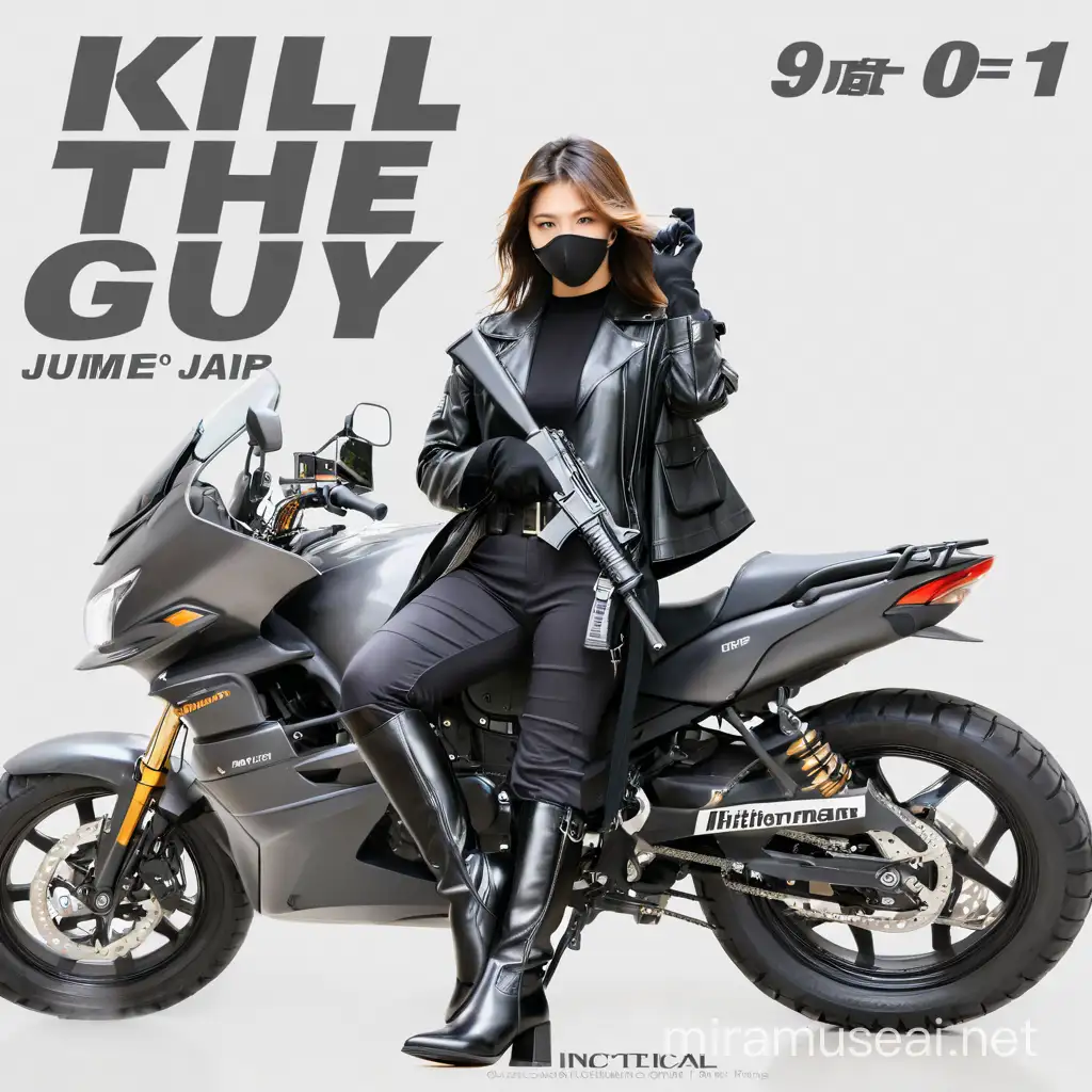 asian teenage girl, hitwoman, female mafia, assassin, pretty teenager japanese girl face, big eyes, plump figure, light brown straight hair, clad black leather jump suit, leather outfit, high heel thigh high boots, donning full finger leather gloves, 4 long fingers, standing pose, right hand holding a silenced pistol  with focused intent, tactical gear, surrounded by the corporate ambiance of a high-rise office, photo realistic, dramatic lighting, attention to fabric texture, contrast between the sharpness of her attire and the blurred city scape visible through the panoramic window, tension captured in the scene, ultra realistic.