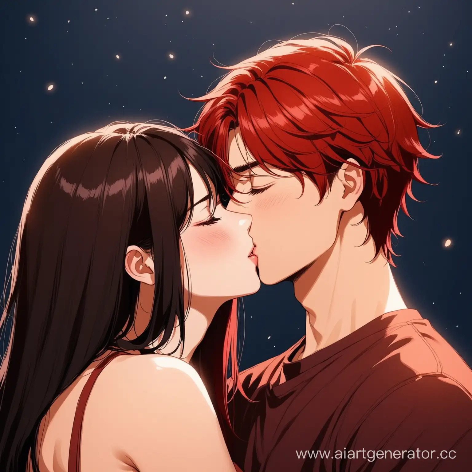 Romantic-RedHaired-Man-Kissing-DarkHaired-Woman-Tenderly