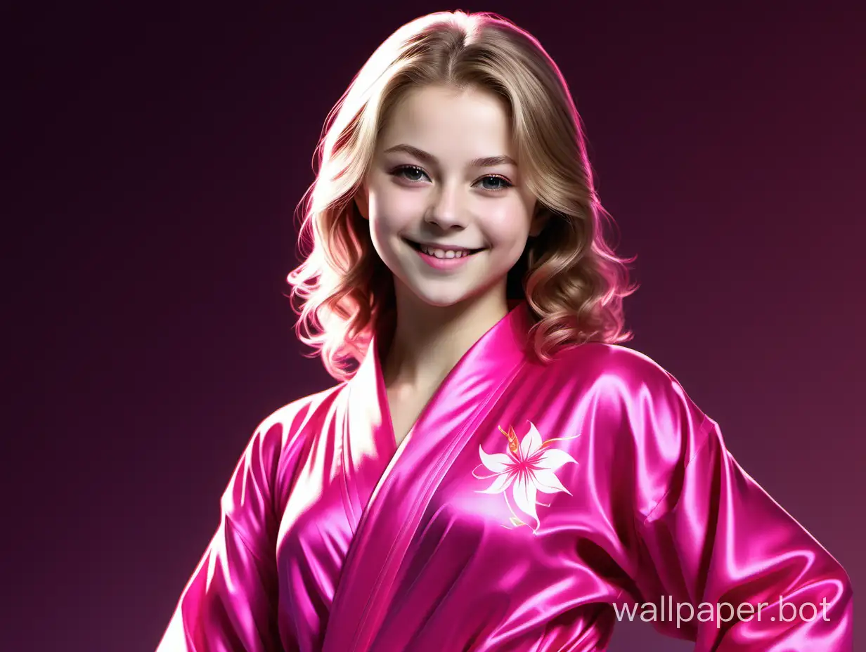 Юлия Липницкая улыбается в шелковом халате цвета розовая фуксия в аниме стиле