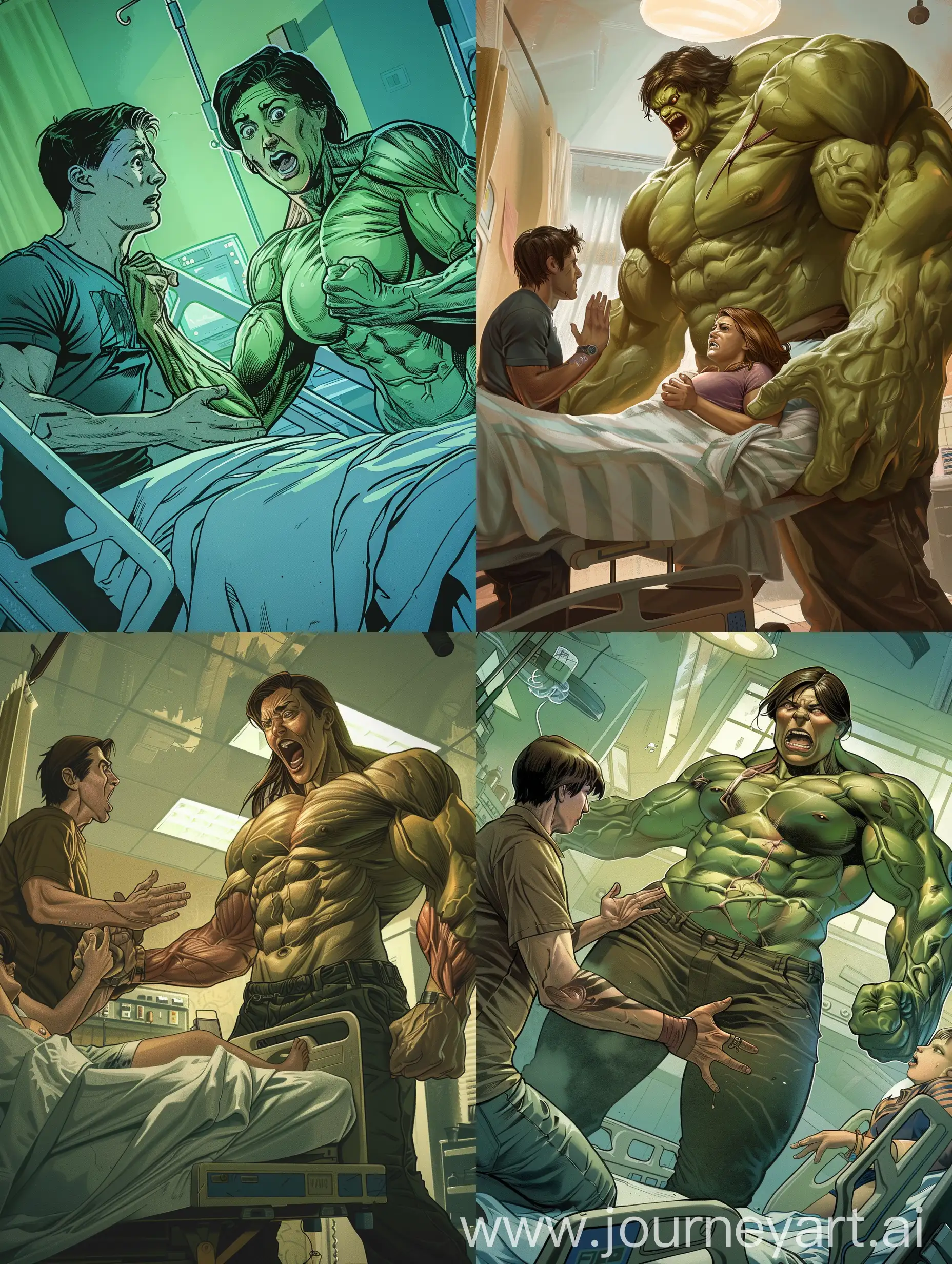 A captivating illustration of a woman undergoing a unique transformation. The woman is on a hospital bed, her muscles rapidly growing as she gives birth to the metamorphosis of a superhuman. Her boyfriend, visibly shocked and amazed, clings to her hand for support. The atmosphere is a mix of suspense, anticipation, and awe, as the woman's body reshapes itself into the powerful she Hulk-like figure.,
