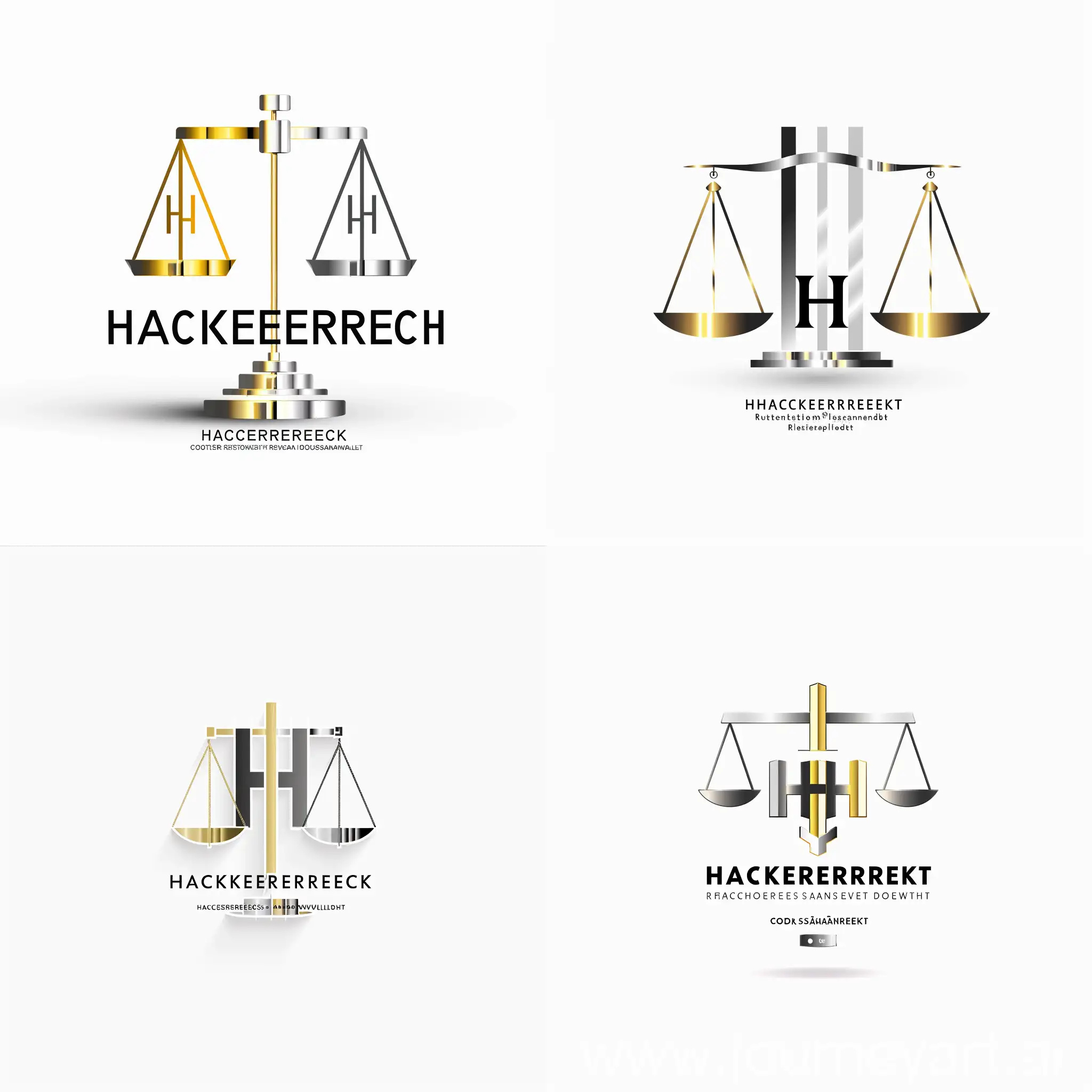 Create a unique logo for a law firm called 'HACKERRECHT' 'Rechtsanwalt',  white background,  (make it in a cool font good to read), 4k, high detail, straight in front centre, golden and silver and black and white, trustworthy, scale, 'HH', business style, simple rectangular parts, vector, Office seriousness, symmetrical, Courthouse, paragraph, Code of Laws, representative, elegant design, formal look, lawyer, subtle frames, Brutalist architecture, legal code, classic elegance, open, rationalistic, futuristic, trend-setting