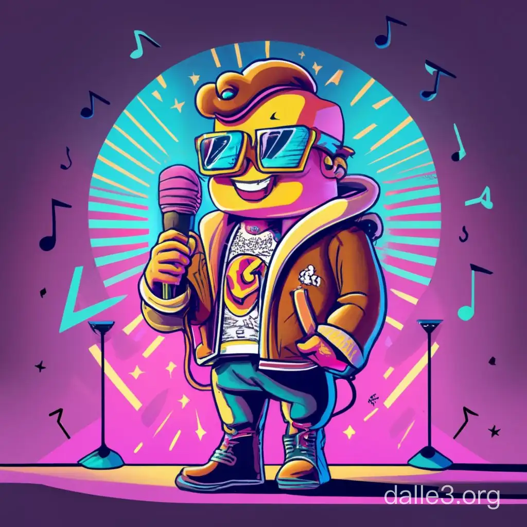 Create a flat illustration of an ice-cream character in the style of 'Grizers'. The head is ice cream, pompadour hairstyle, aviator glasses, wide smile, and the character is wearing a 'perfecto' leather jacket, jeans, army boots. ... In his hands - a microphone, standing on the illuminated stage in a dynamic rock'n'roll pose. Use bright colours, neon signs and create the atmosphere of a concert with a microphone.