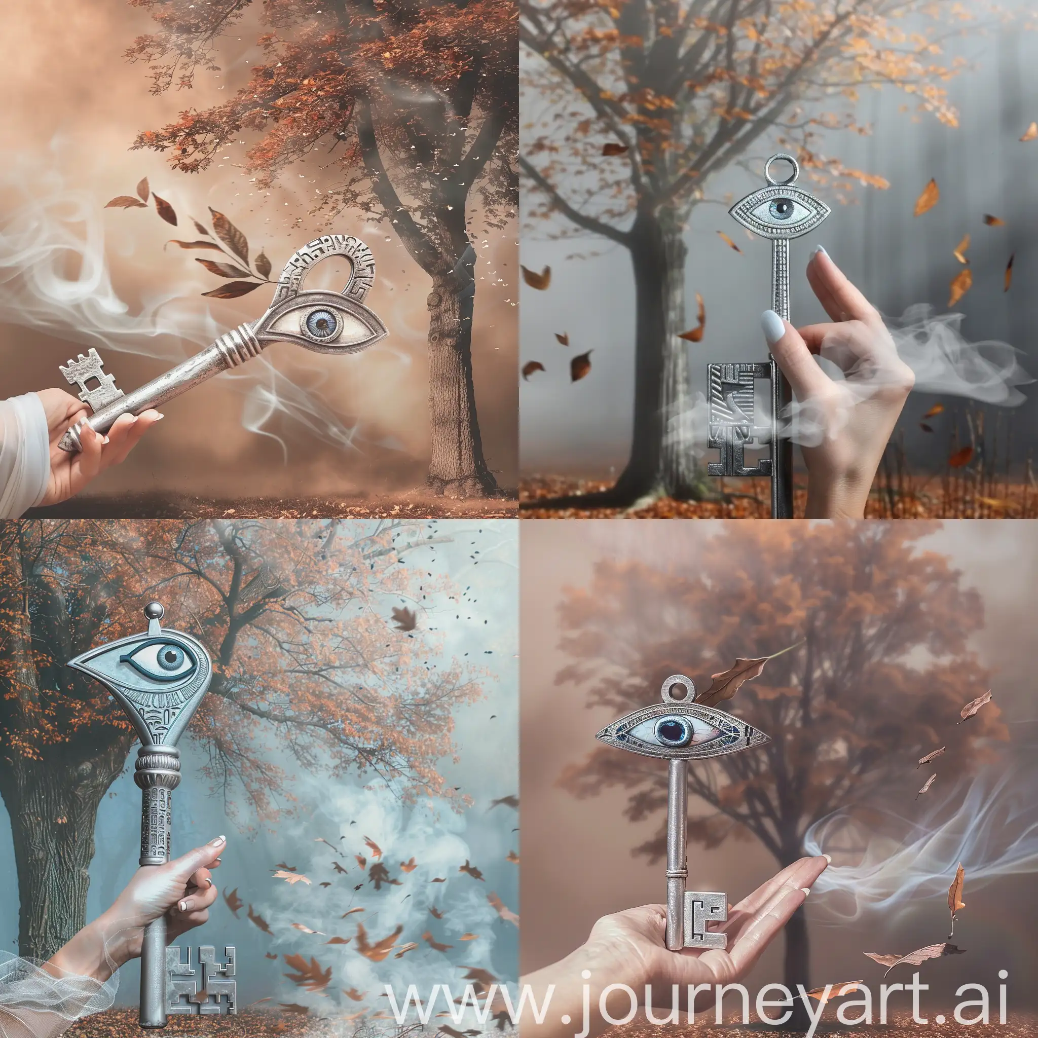 a female hand holding a huge silver key with an egyptian horus eye, mist is floating, in the background there is an oak tree with brown leaves falling off like it is in the autumn