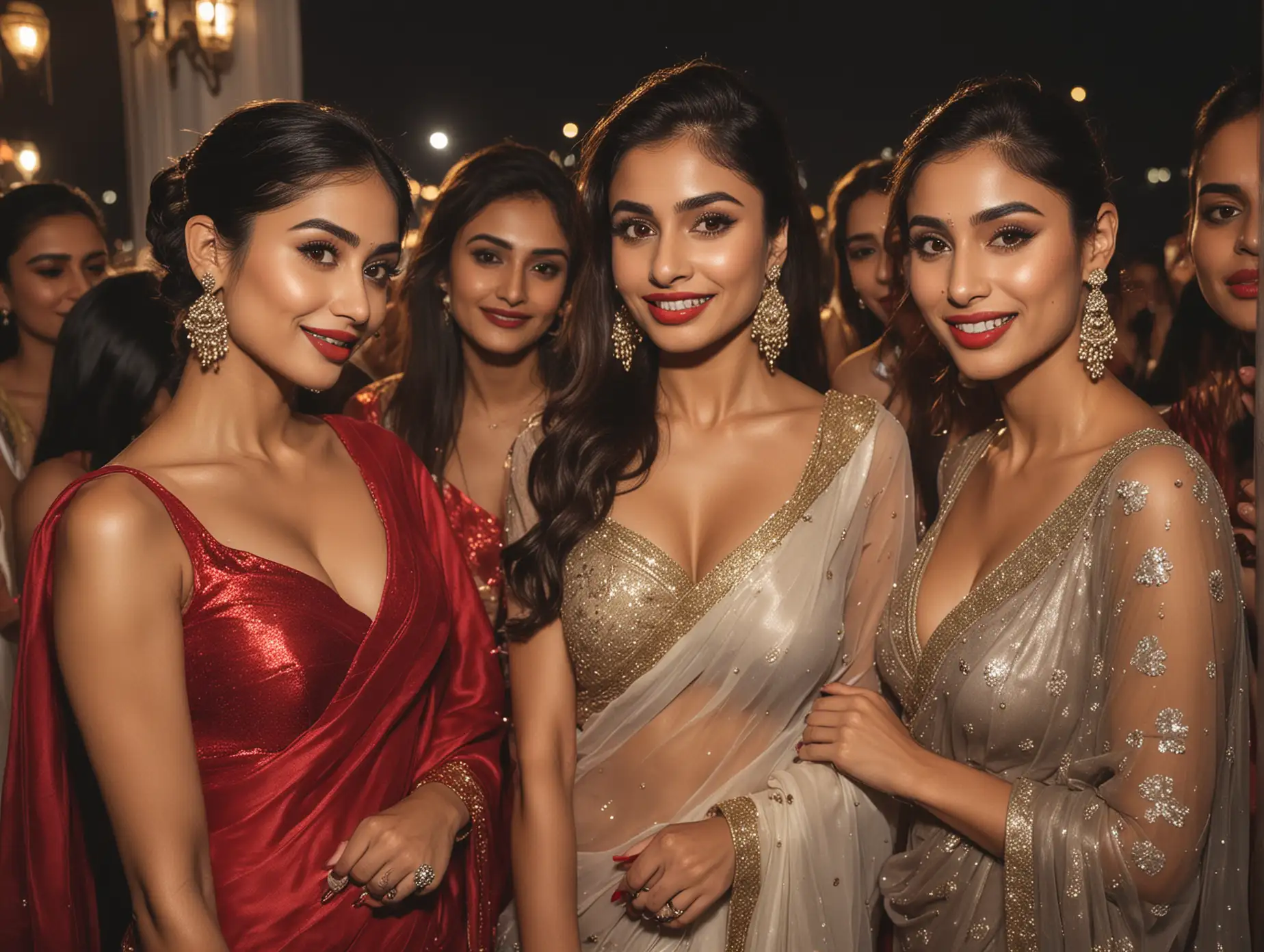 Flash photography, ISO-100 f/32 Hasselblad camera shot. VIP area of a posh Dubai nightblub. Decadent party in progress. Mouni Roy & Disha Patani partying wearing a nothing but silk chiffon shiny sarees, red glossy lipstick & lots of makeup. Her bold slutty friends make out with her romantically
