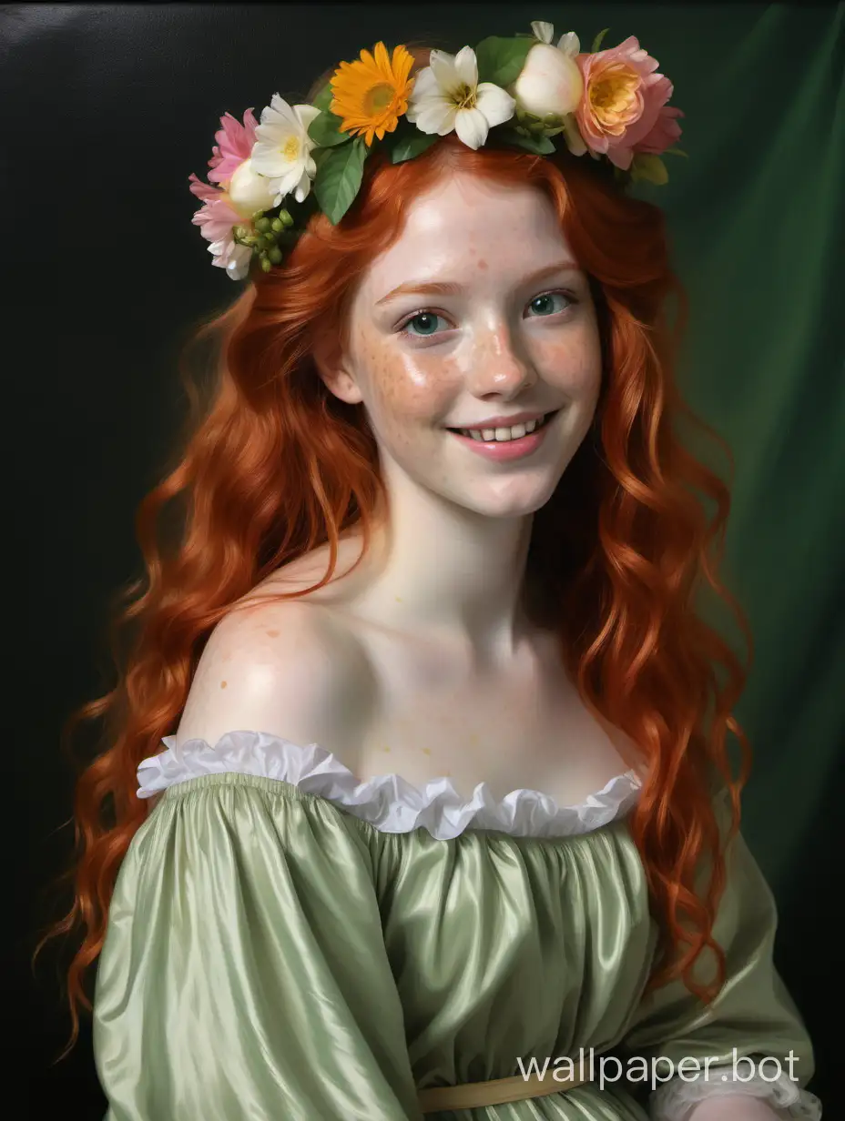 full body view, painting of a beautiful 22 year old redhead woman, she is pretty, wearing a flower crown, she has bright green eyes, she has pale skin, she has lots of freckles, she has long light red hair that is wavy and parted in the middle and falls in curtains, she has a beautiful innocent face, smiling, beaming, very cute, perfect, sense of wonder, Velazquez painting style