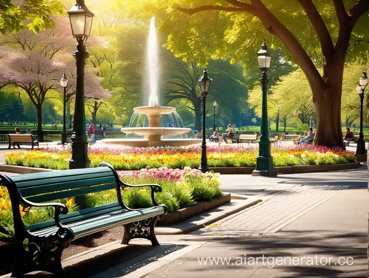 Sunny-Day-Stroll-in-Central-Park-Tranquil-Fountain-and-Blossoming-Flower-Beds