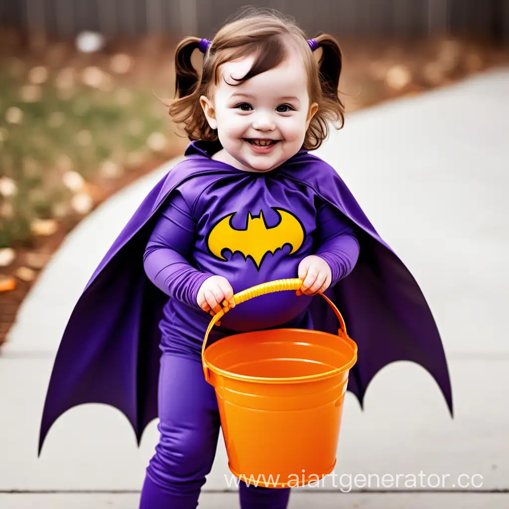 A smiling plump toddler with brunette hair wearing a purple cotton batgirl costume holding an orange bucket