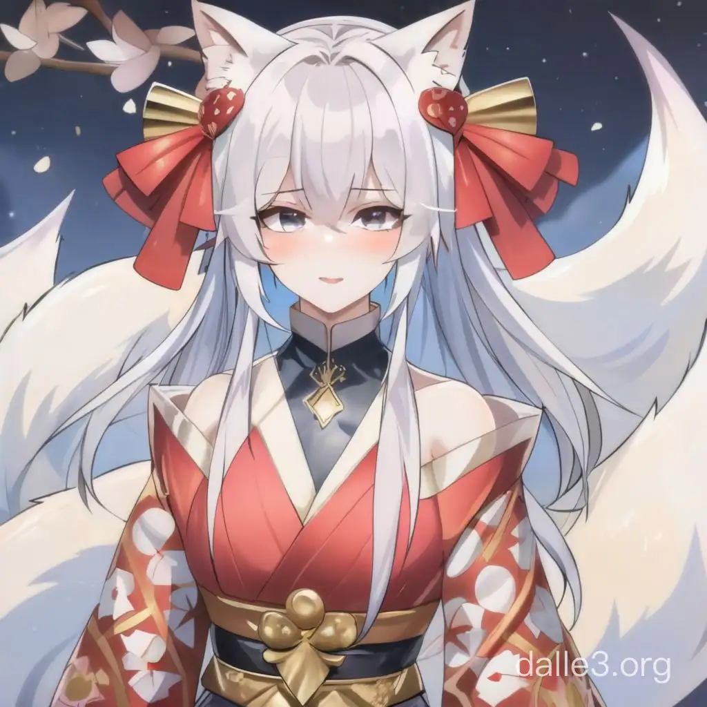 Mystical Anime Girl with Long White Hair in Elegant Kimono and Kitsune ...