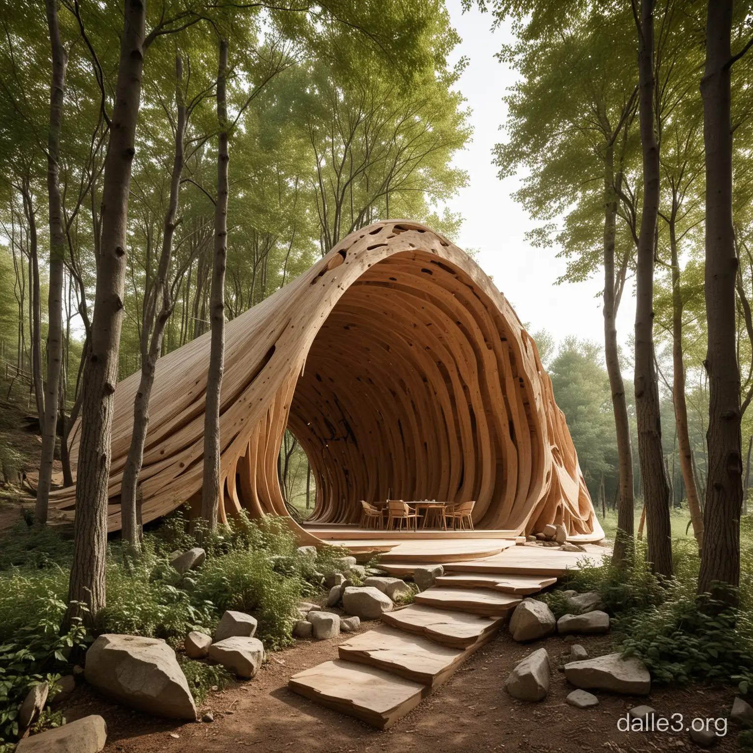  A pavilion with very organic form maded by wood placed in a inclined topography of the terrain