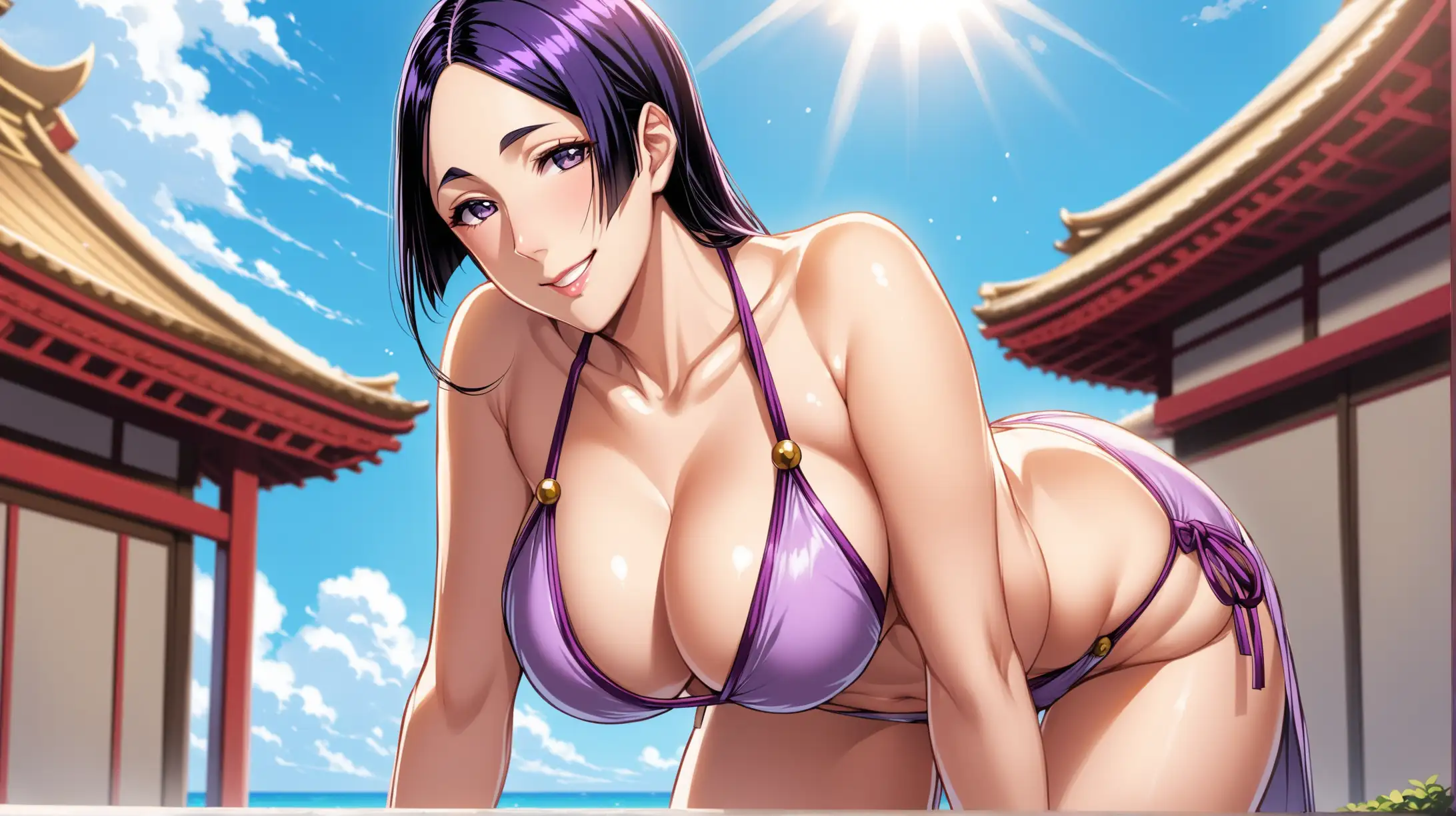 Draw the character Minamoto no Raikou, high quality, standing in a seductive pose, on a sunny day, wearing a swimsuit, leaning forward, smiling at the viewer