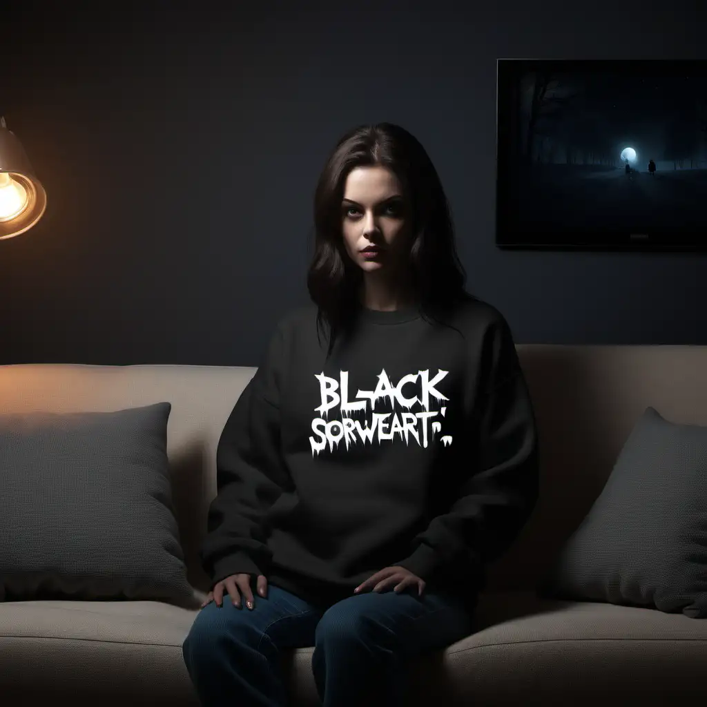 a mockup for a black sweatshirt.  Make it a female wearing a sweatshirt.  She should be sitting on a couch and it should appear as if she is watching tv.  She should have a blanket covering her lap.  it should appear that it is nighttime and you can only see her by the glow of the tv in front of her.  behind her on the wall should be iconic horror themed artwork