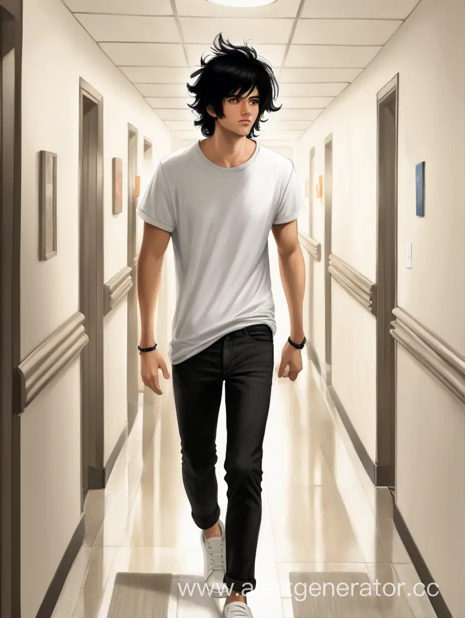 Парень с черными растрепанными волосами, в белой футболке и черных штанах, идеи по коридору