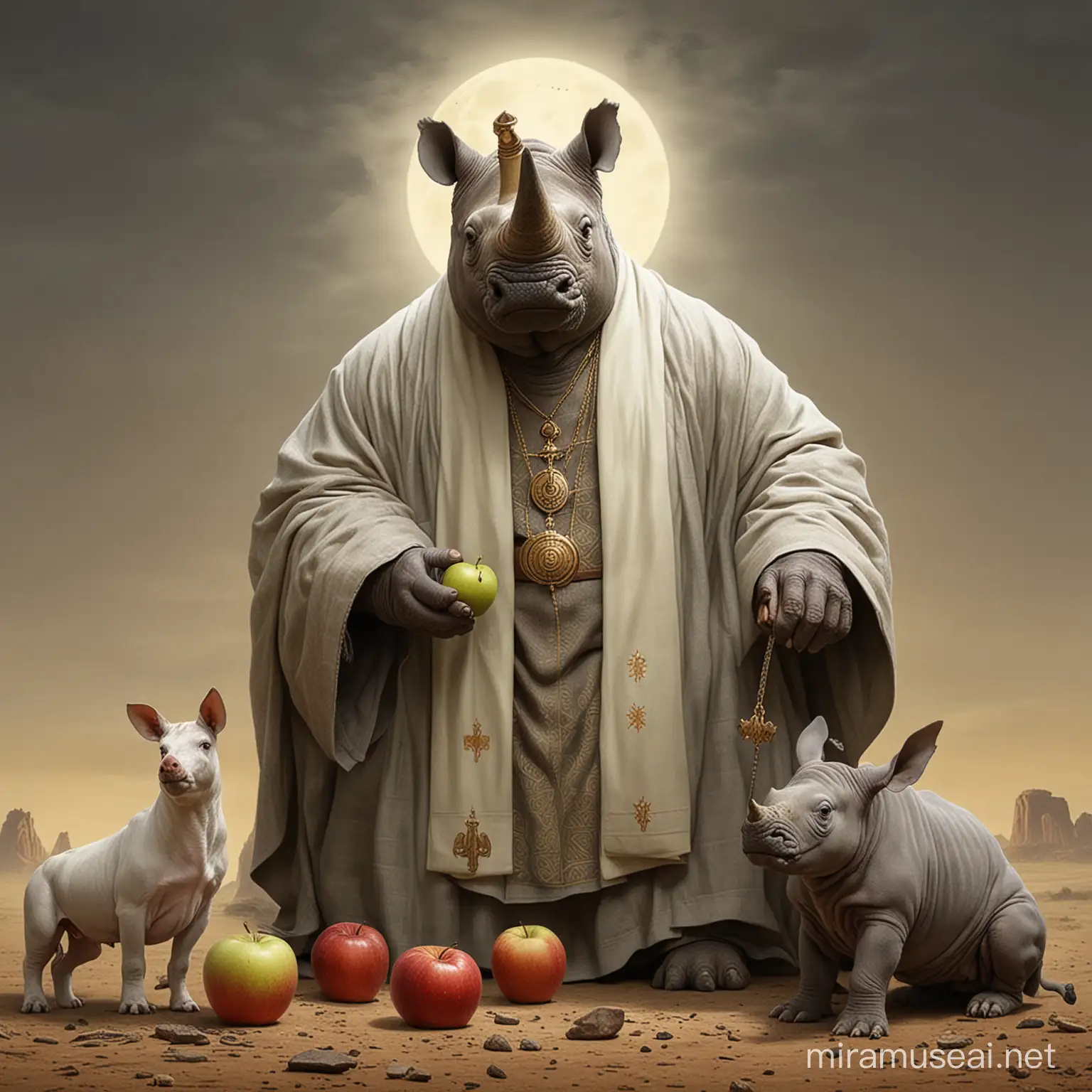 rhino, priest, dog, apple

