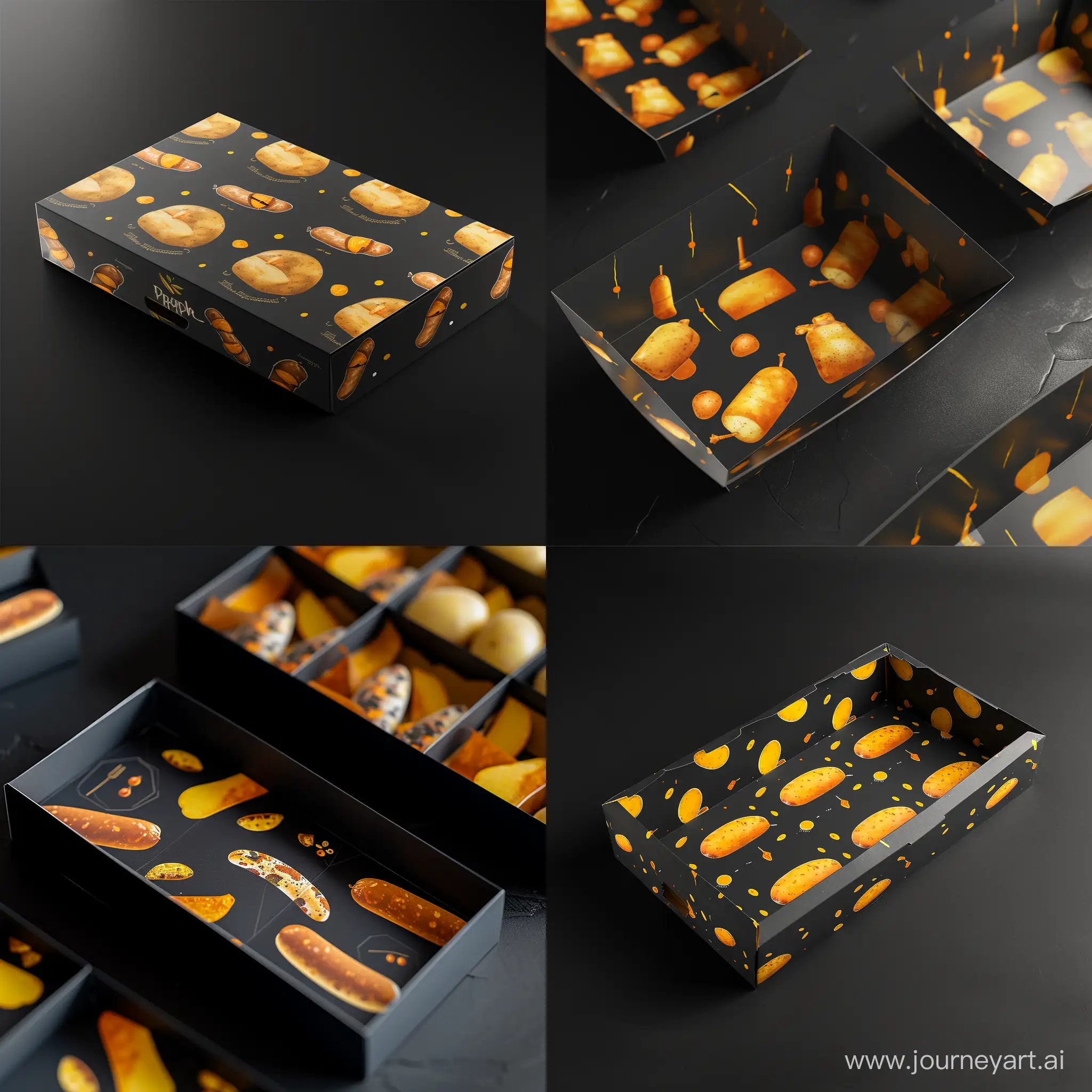 An empty Potato food box with a design on it with a beautiful matte black background. Small pictures of sausages and potatoes are designed on it in yellow and orange colors.