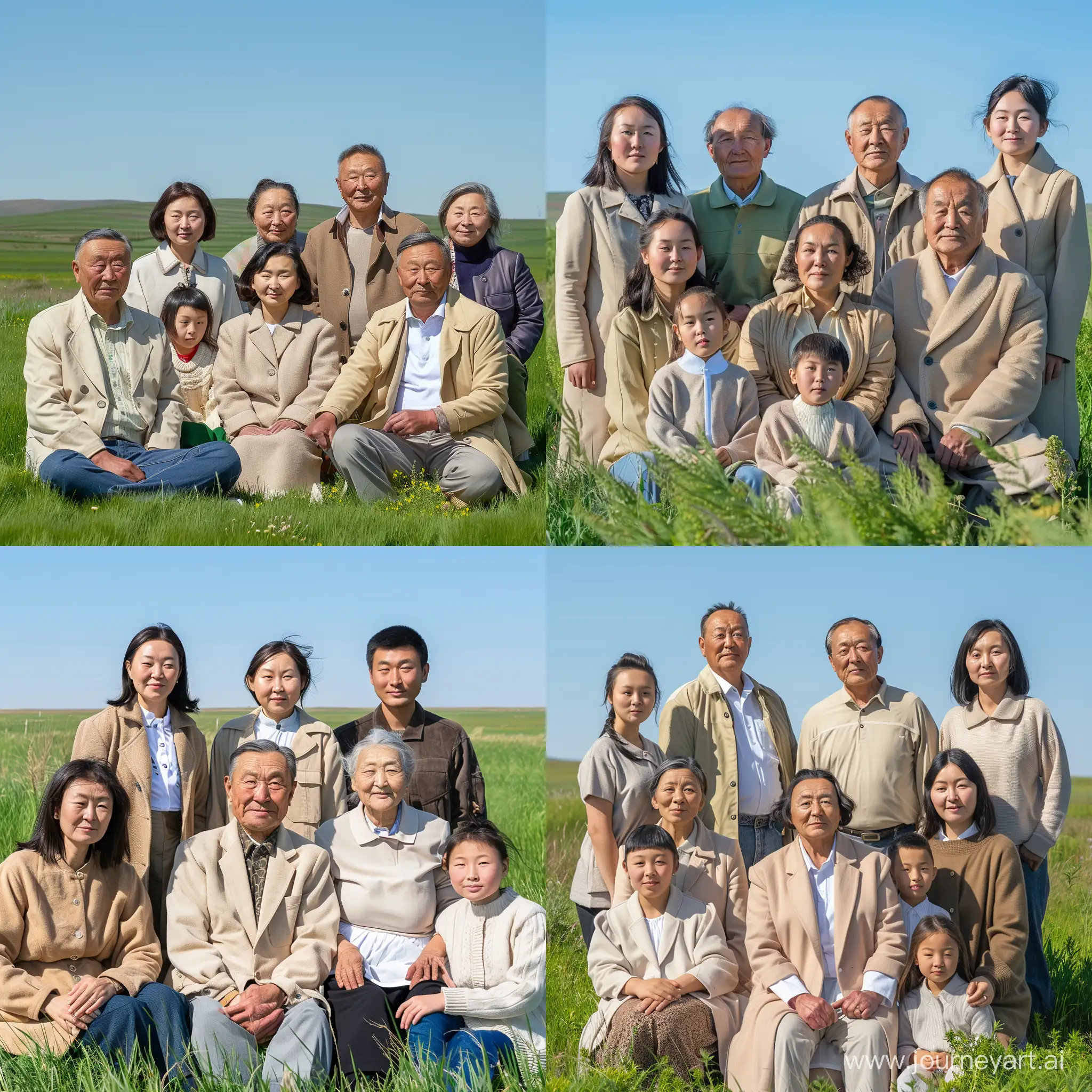 Family closeup portrait photo of 9 sitting and standing in lush green field with clear blue sky. Happy 70 years old Mongolian grandfather and 60 years old grandmother with 40 years old woman and 38 years old woman and 35 years old man and 30 years old woman and 27 years old woman and 24 years old woman, 14 years old granddaughter, wearing all plain beige coat polo shirt dress pants sweater jeans, sunny bright day, looking straight.