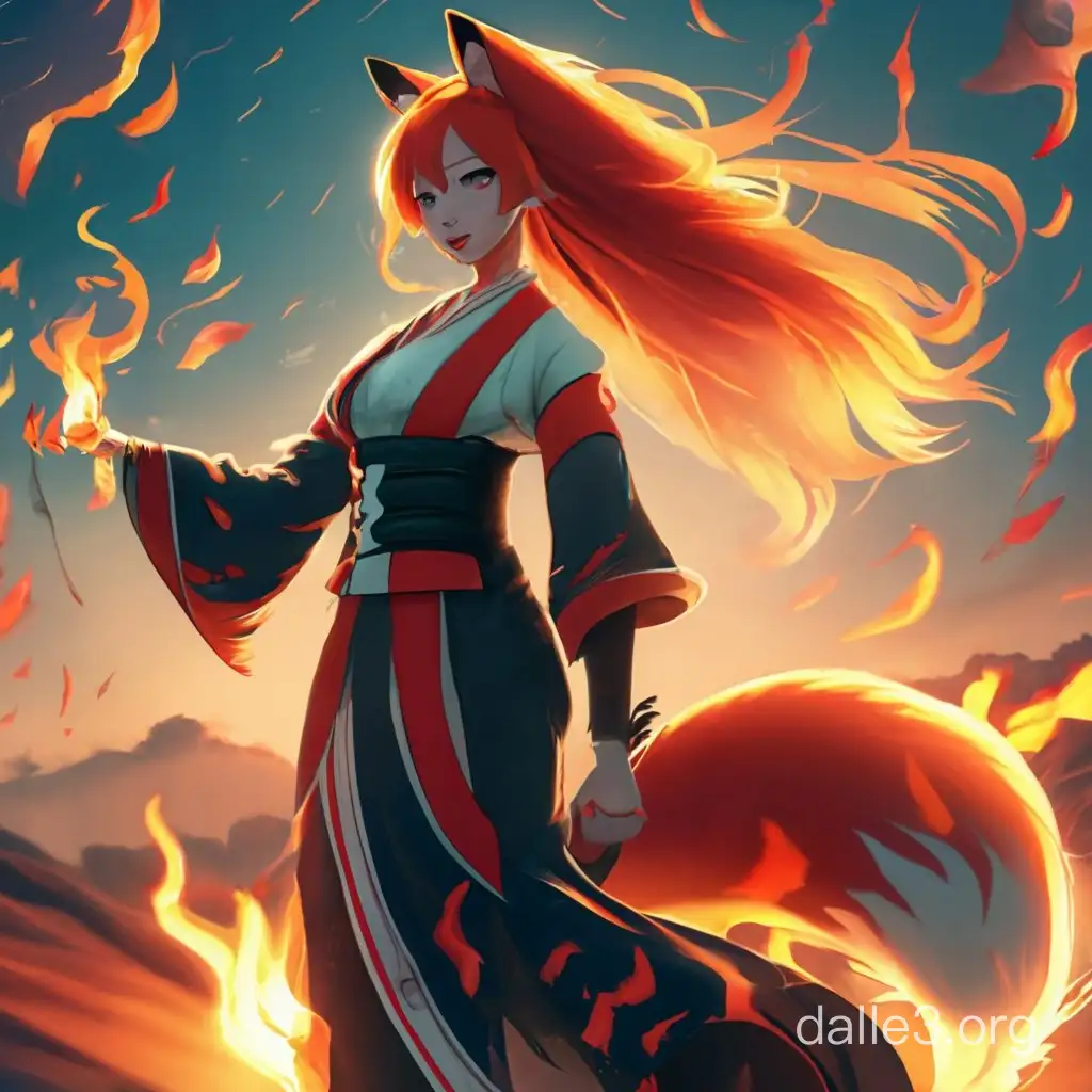 anime style, full body, athletic, beautiful, tan skinned, kitsune woman, long fiery red hair, red fox ears, fluffy red fox tail, fiery red eyes, wearing a red and black kimono, casting fire magic, surrounded by fire, high detail, no human ears, good anatomy, dynamic, 4k, embers falling in foreground, hands wrapped in fire, empty hands, slim waist, crazy, pyromaniac