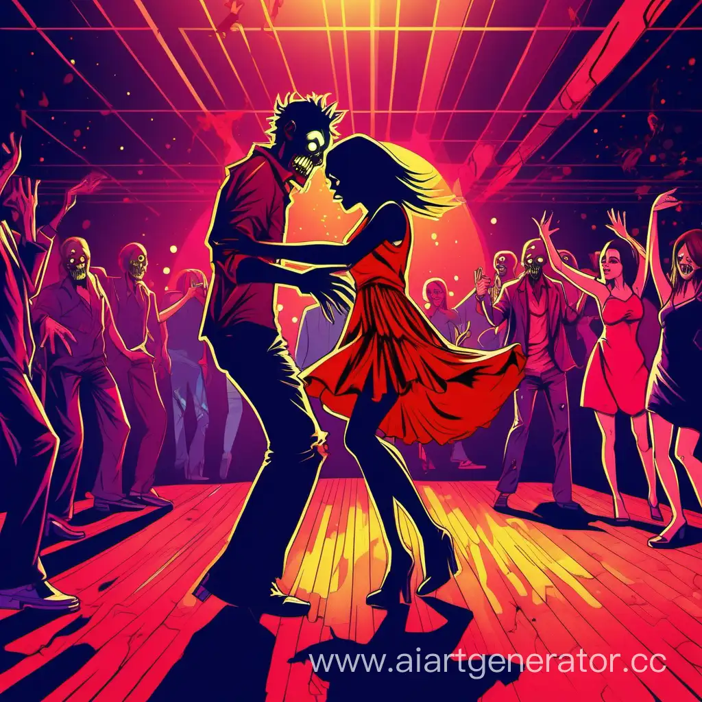 картинка зомби танцующего в диско-клубе с девушкой в красном платье