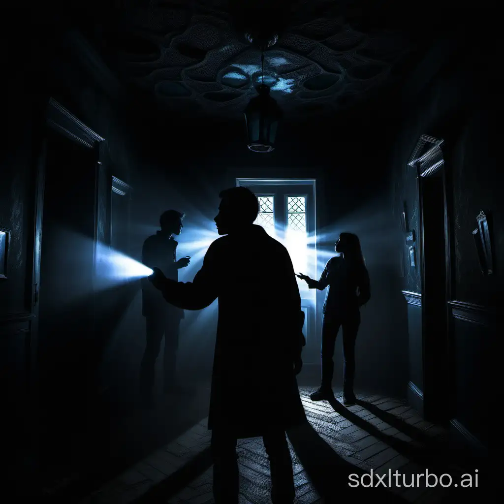 silhouette of a person investigating inside a haunted house with a dark appearance, using a flashlight that illuminates the interior, paintings with people looking at the researcher