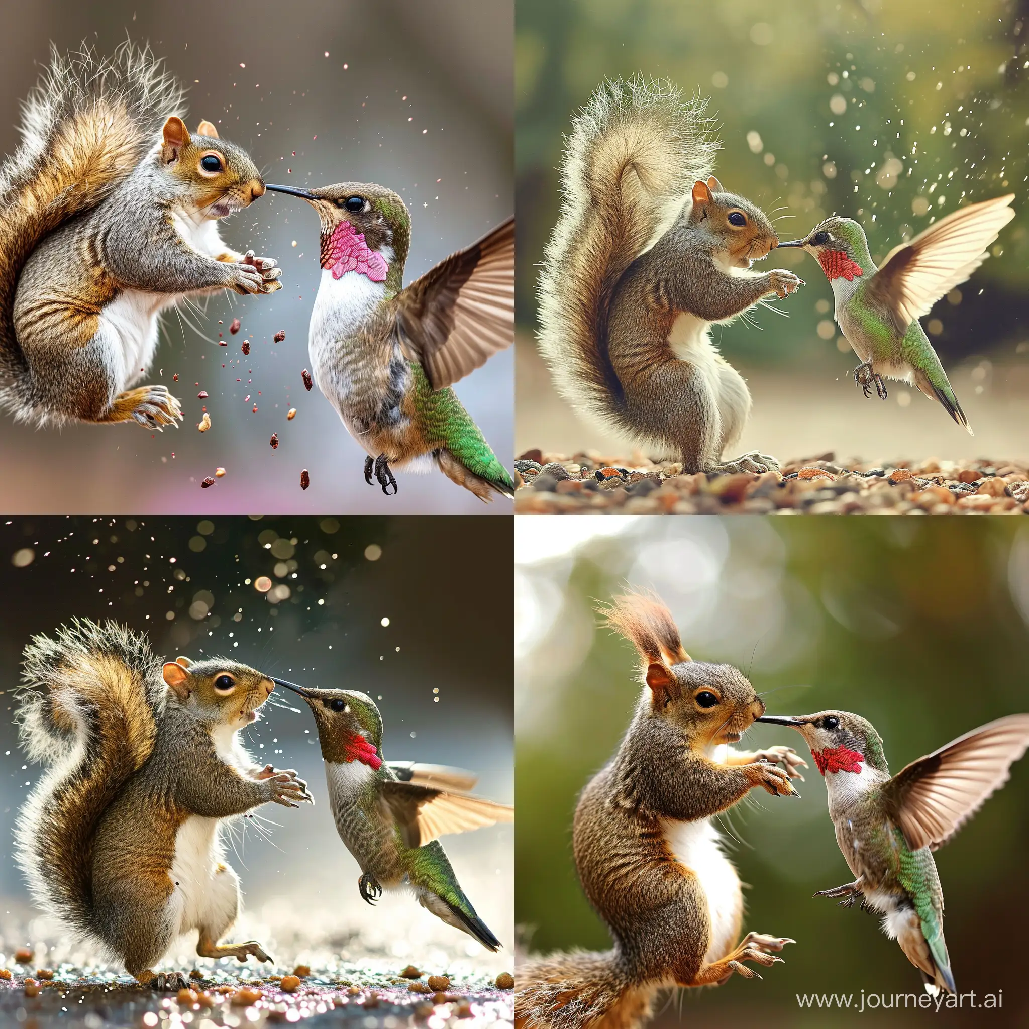 a squirrel fights against a hummingbird, battle, Epic battle, battle to the death