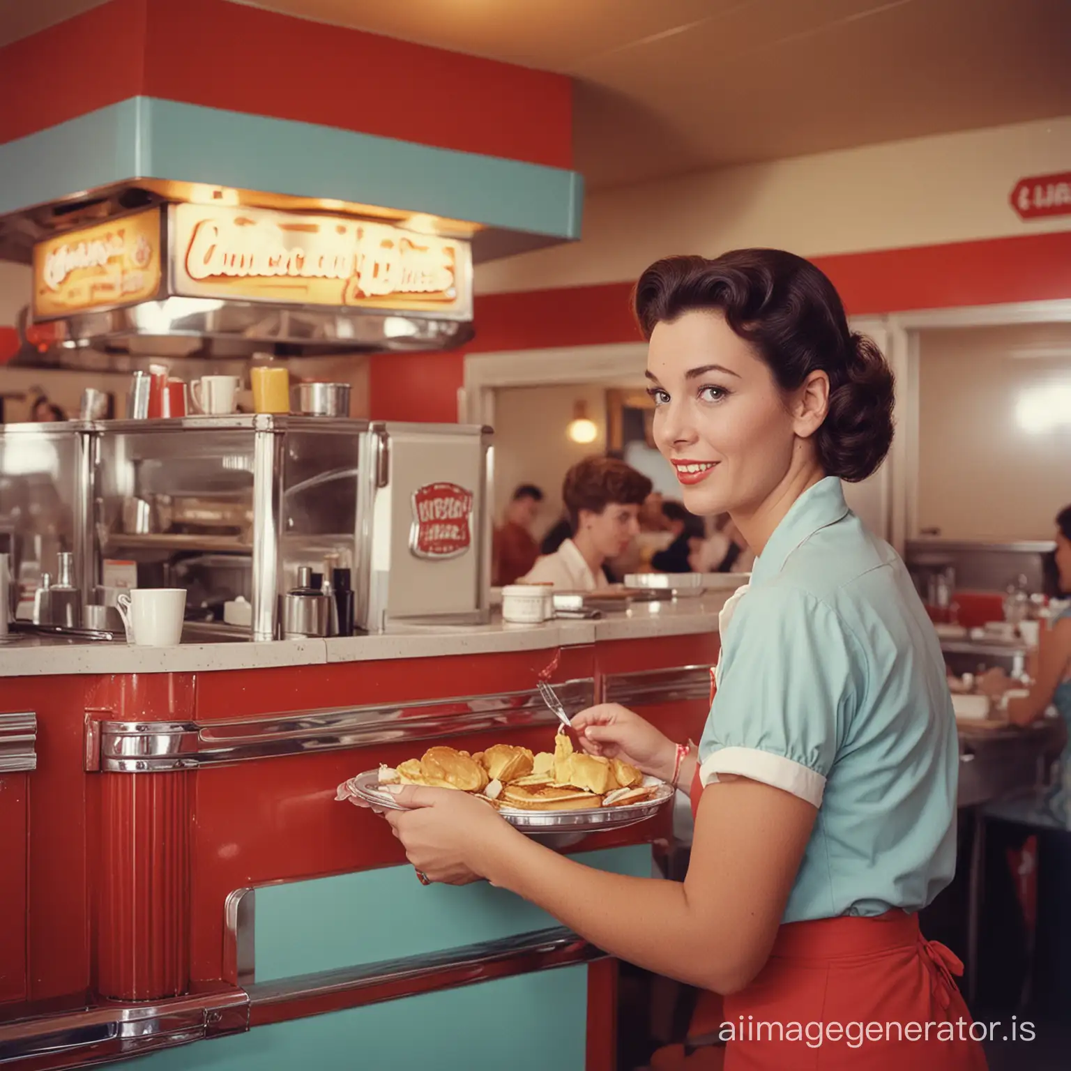an employee serving American diner from the 1950s, very colorful image, Kodachrome