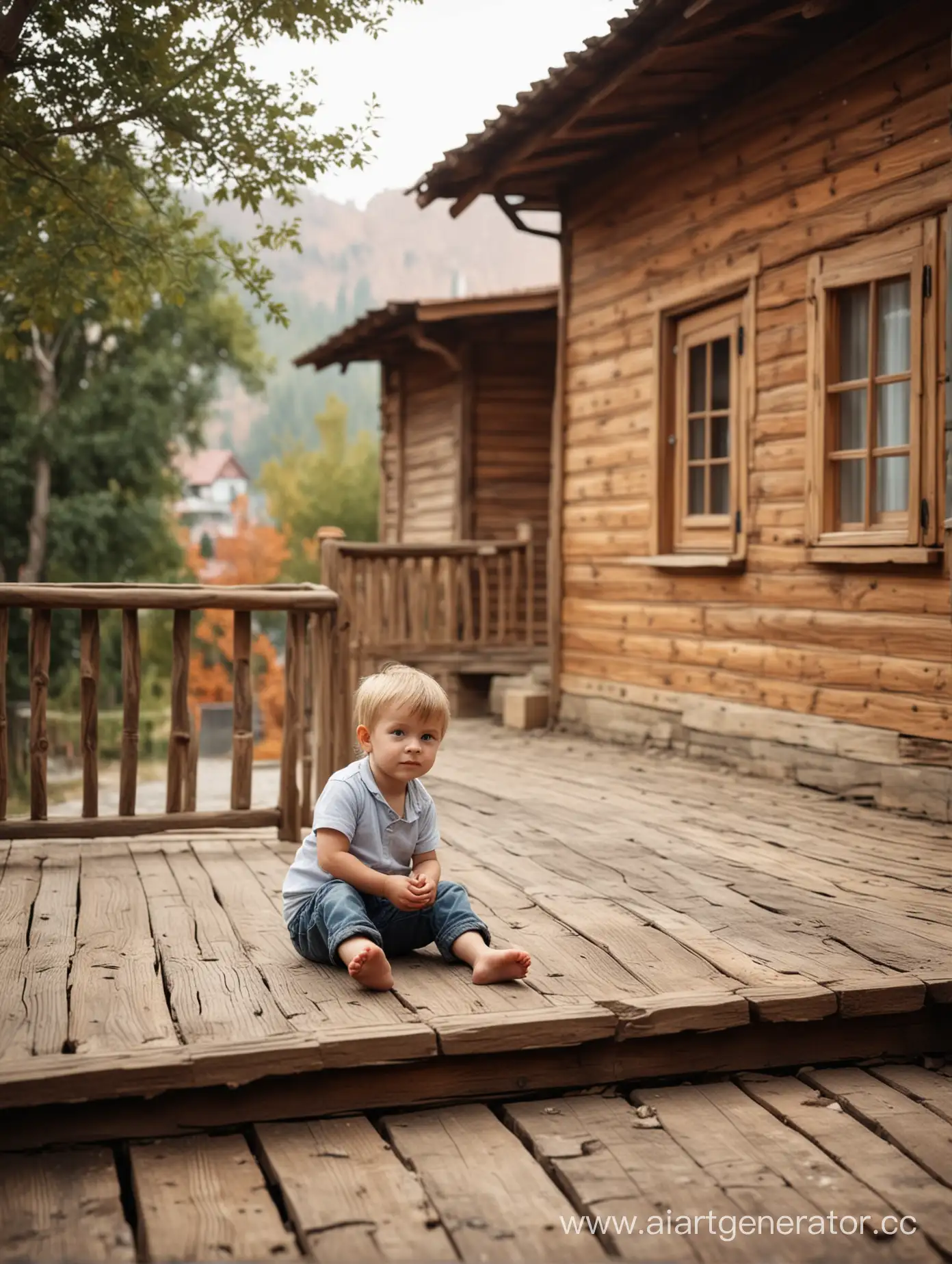 Маленький мальчик сидит на высокой террасе, на фоне деревянный домик, фон сильно размыт, очень реалистично