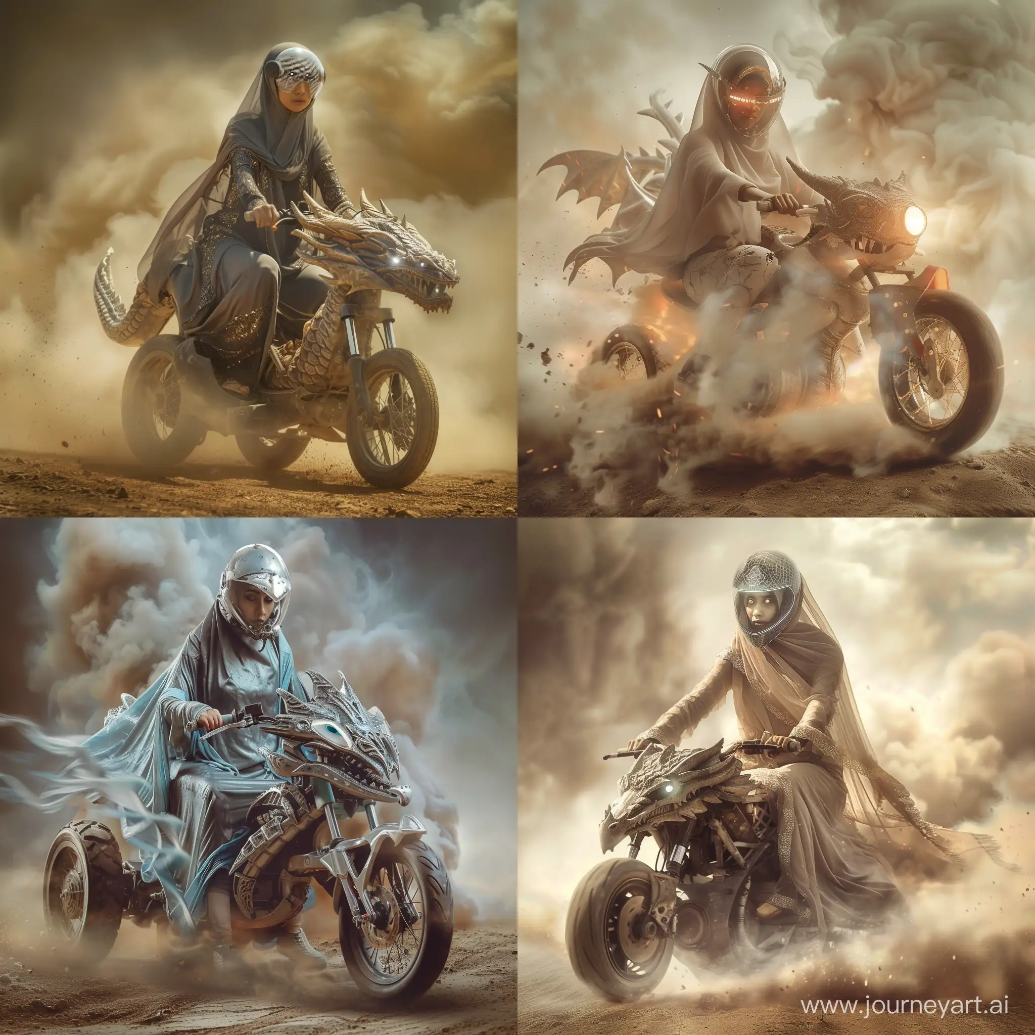 A stunning muslimah with her flowing mini AI robot ride a tricycle motorbike in the shape of dragon. She wear a translucent dragon helmet showing her shrap serious eyes. In a perfect composition and combination perfect lighning, A smoke and dirt giving more dramaric effect on the scene. —style raw