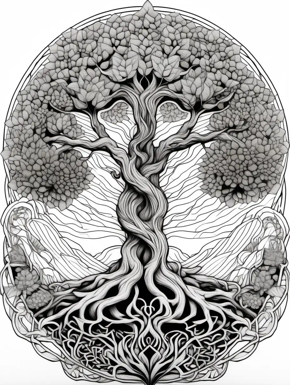 beautiful artwork of Yggdrasil, in the style of Moebius, add floral patterns, nature inspired, single line, black and white, clear background