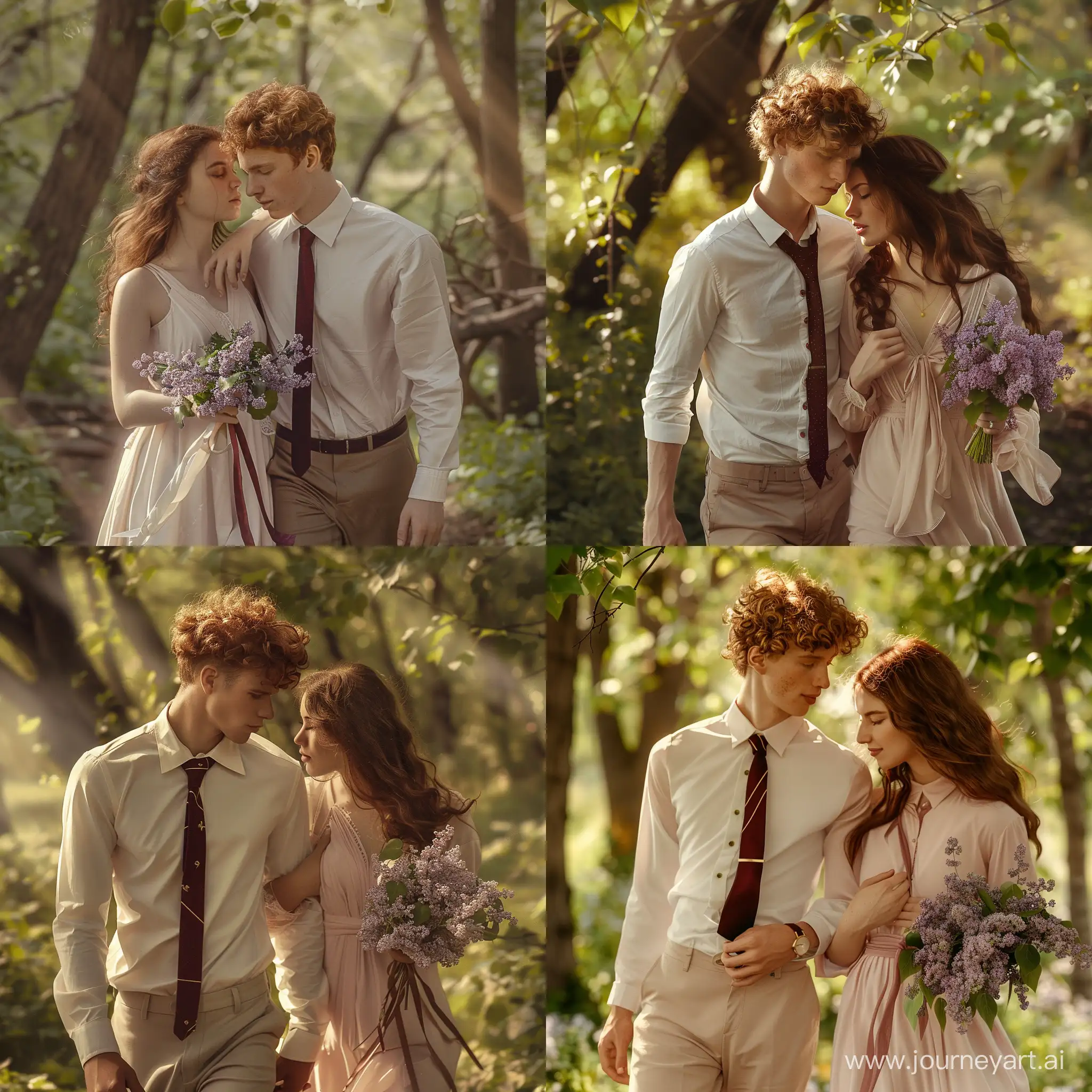 Romantic-Couple-Embracing-in-Sunlit-Forest-Clearing-with-Field-Lilac-Flowers