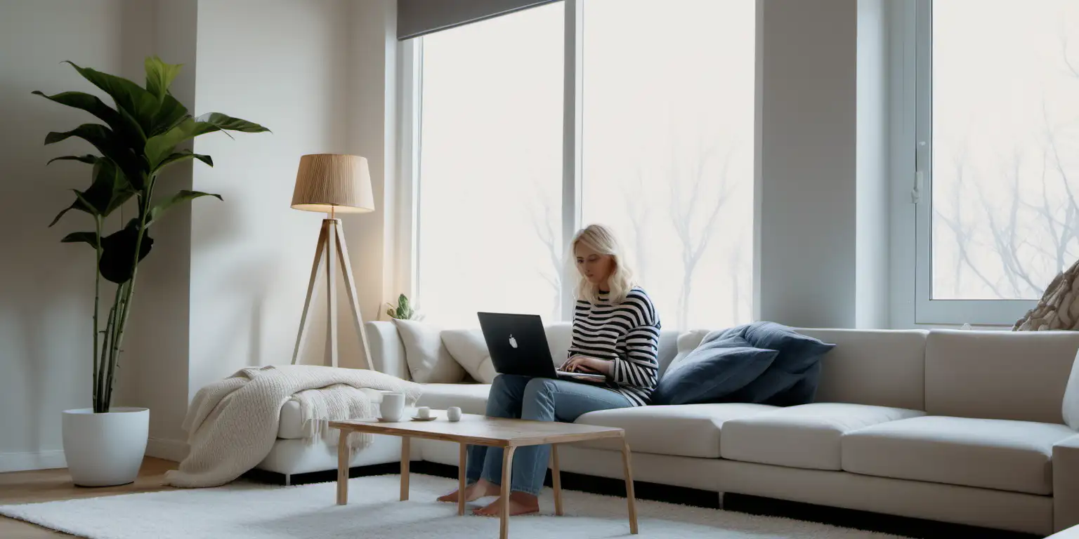 Contemporary Elegance Blonde Woman in Minimalist Living Room