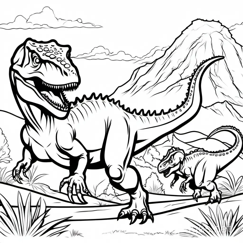 T-rex chasing triceratops, Coloring Page, black and white, line art, white background, Simplicity, Ample White Space. The background of the coloring page is plain white to make it easy for young children to color within the lines. The outlines of all the subjects are easy to distinguish, making it simple for kids to color without too much difficulty