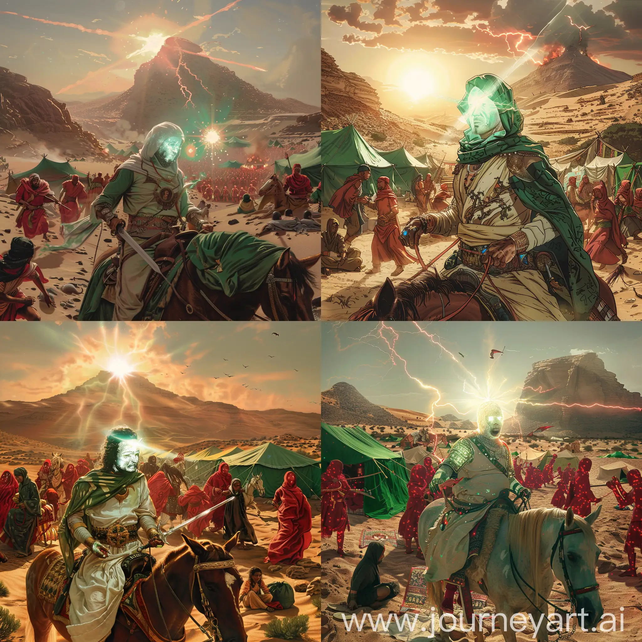 Take a picture of a desert during the day, where the sun is shining, and in which a man with a luminous face, so that his face is not clear due to the light, is wearing green and white clothes, sitting on a horse and holding a sword.  And he is protecting his family against enemies, his enemies are wearing red clothes, his enemies are an army with red war clothes and they are attacking him from all sides, and a mountain can be seen in the background and some green tents in this  There is a desert and next to these tents there are some women wearing black tents and there are some children there