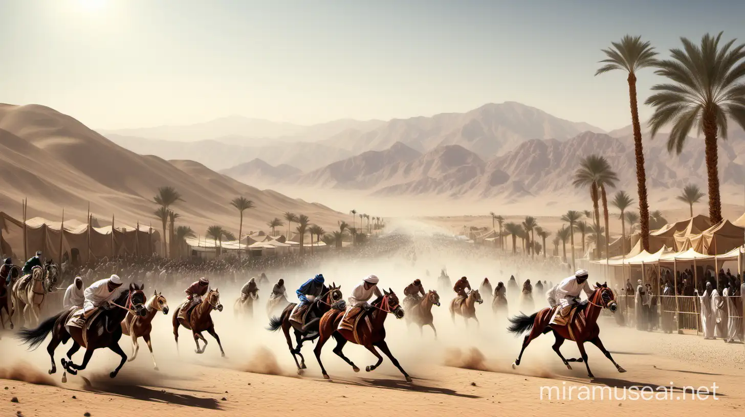 creat an image about A Bedouin scene in the desert with mountains and palms, some horses racing, and a lot of people watching the race.