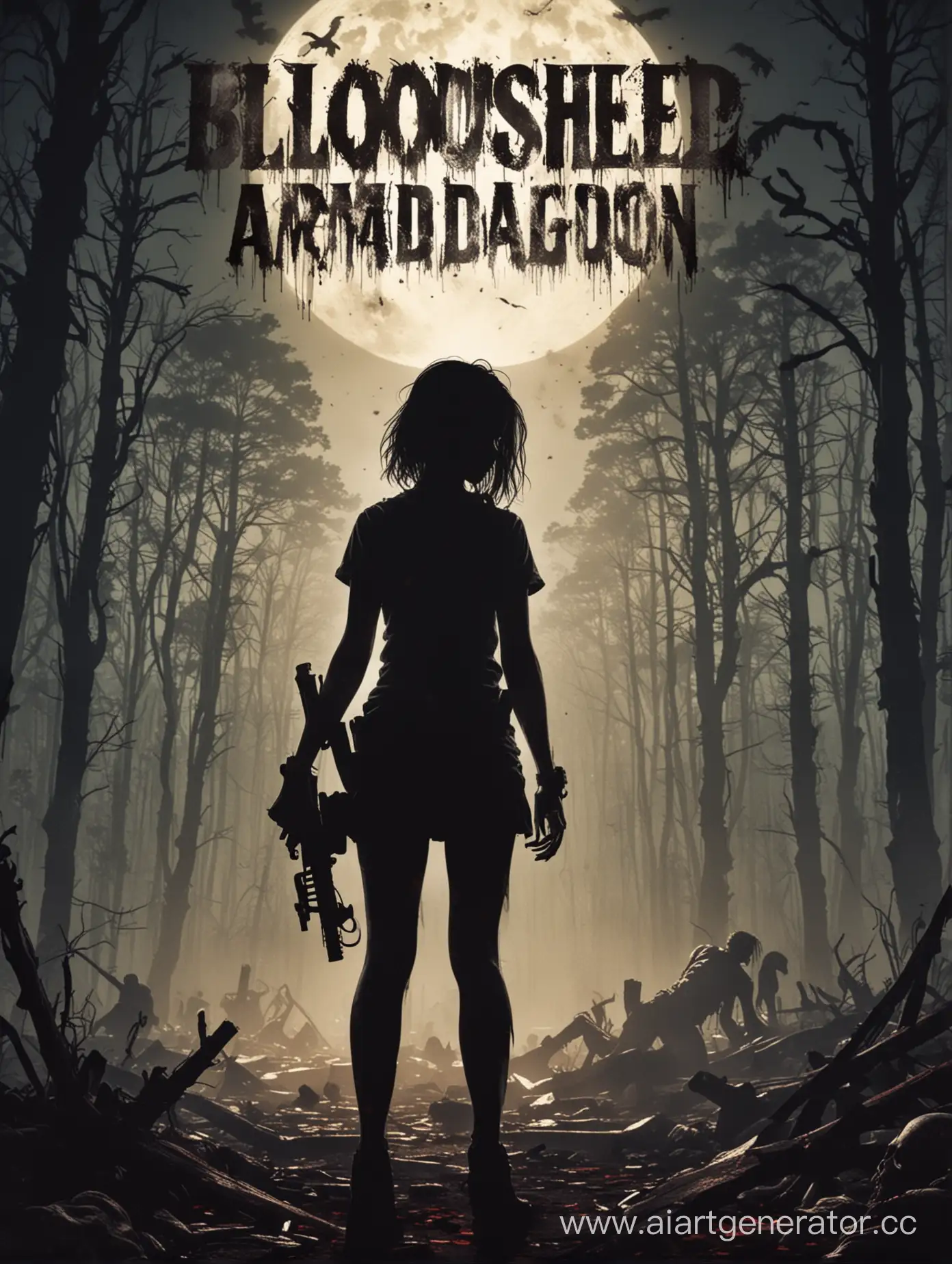 silhouette girl against the background of the zombie apocalypse with the text "Bloodshed: Armageddon" at the top