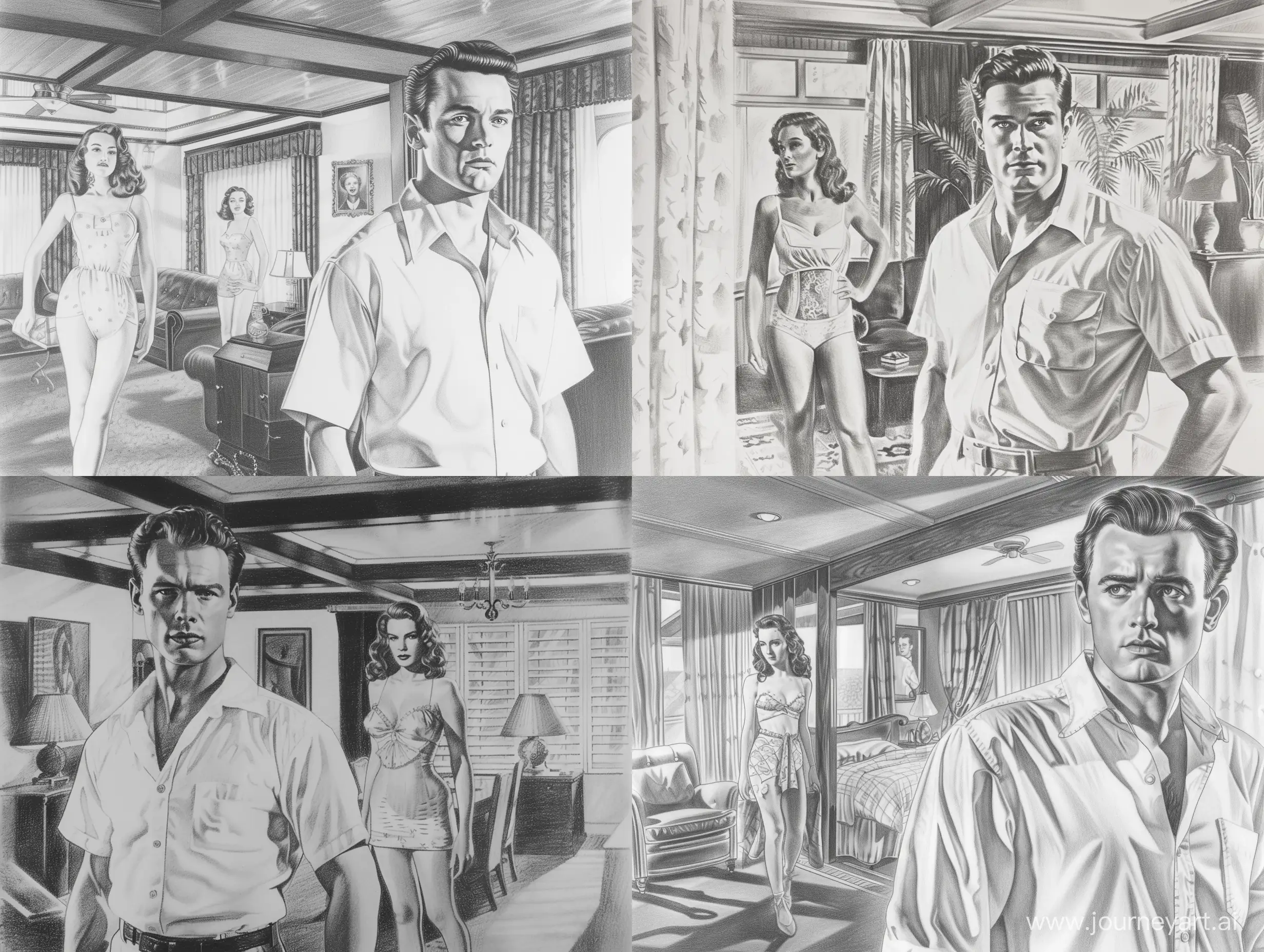 Loose Pencil drawing of a vintage 1940s handsome movie star man wearing a white shirt
standing in the foreground inside a 1940s glamorous apartment interior, with a pretty 1940s female fatale woman wearing vintage 1940s lingerie standing in the background 