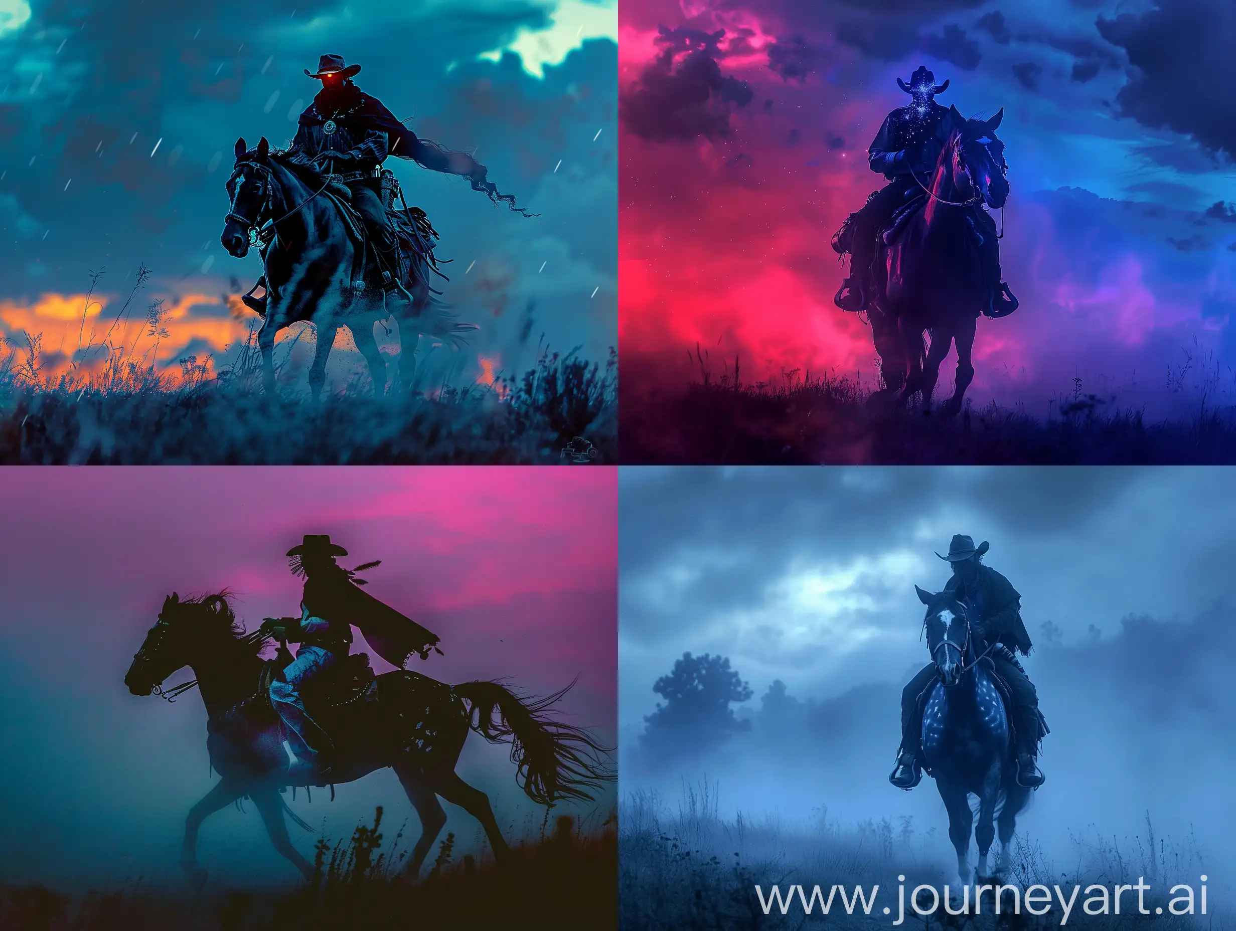 a psychedelic cowboy riding a horse in the dawn, blue hour, dark, noisy, cinematic, telephoto lens