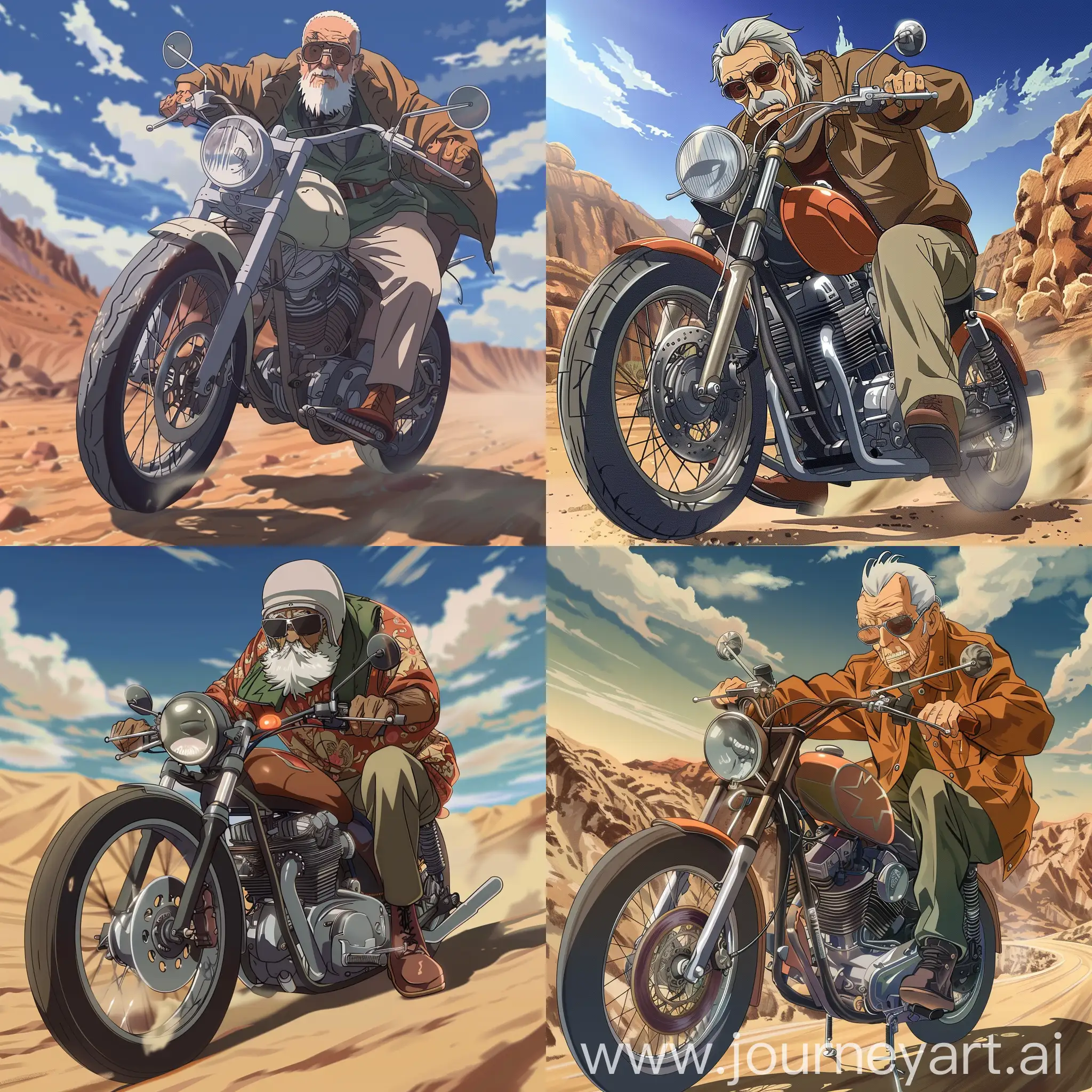 anime old man on motorcycle in the desert