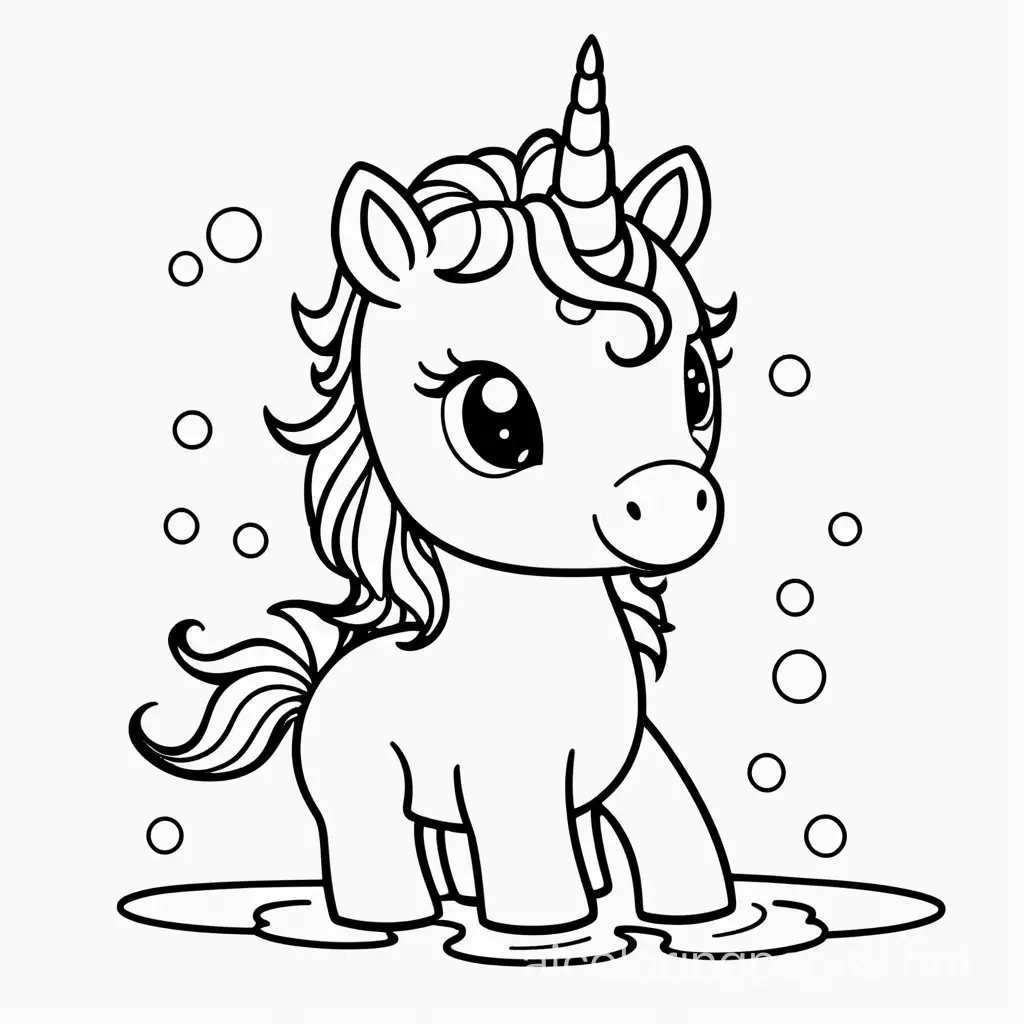 Black and white full body cute baby water unicorn , Coloring Page, black and white, line art, white background, Simplicity, Ample White Space. The background of the coloring page is plain white to make it easy for young children to color within the lines. The outlines of all the subjects are easy to distinguish, making it simple for kids to color without too much difficulty