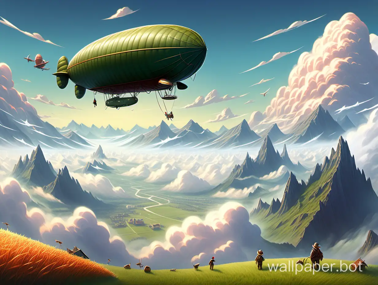 Grassy plateau above clouds prominant in foreground, large mountains in background, tiny farmers in fields, tiny fantasy blimp flying through the clouds between mountains in background