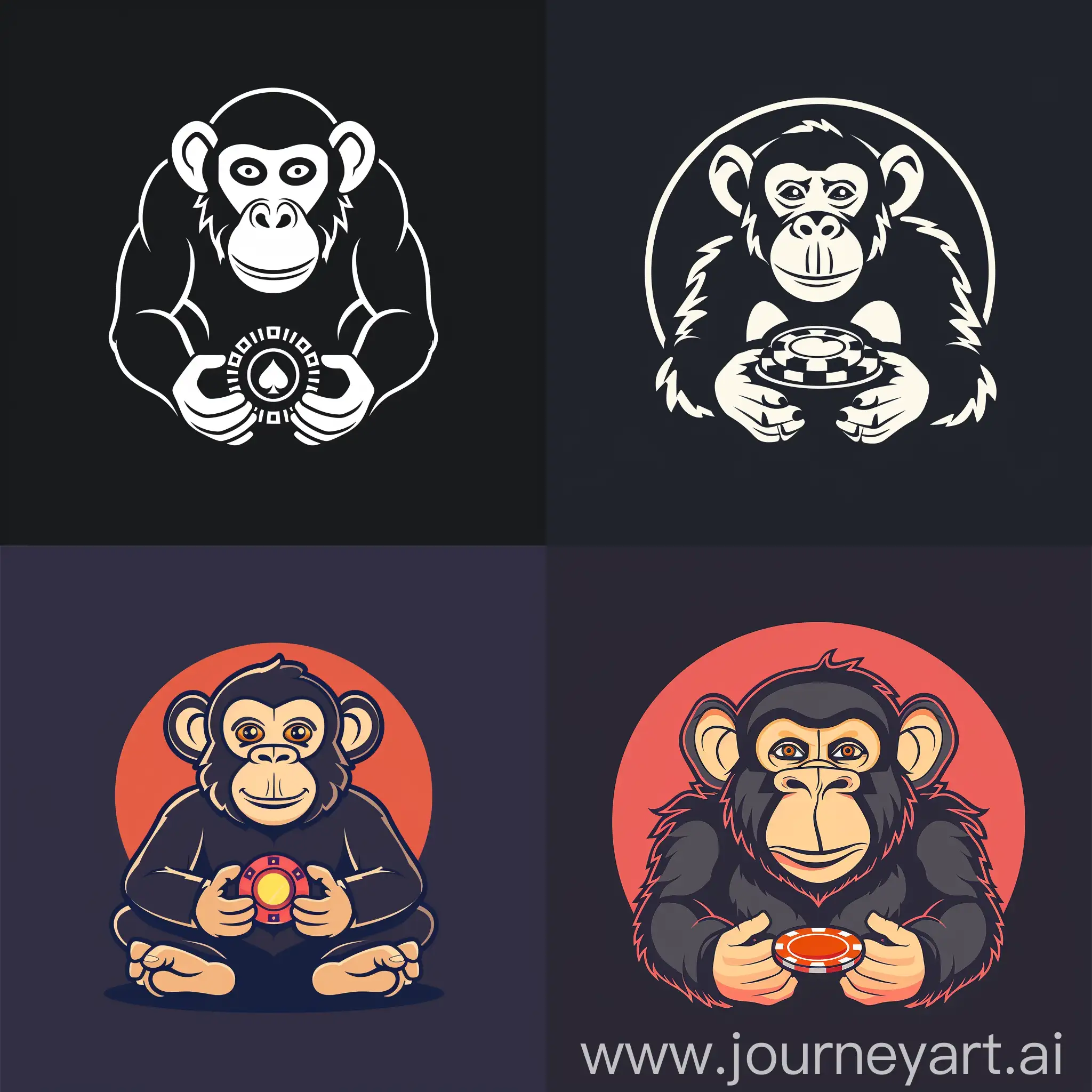 Monkey, illustrative brand logo, in his hands he holds a playing chip, a masterpiece, a symbol, simple, flat, 2d, isotype, monoline, clean lines, icon, vector, svg