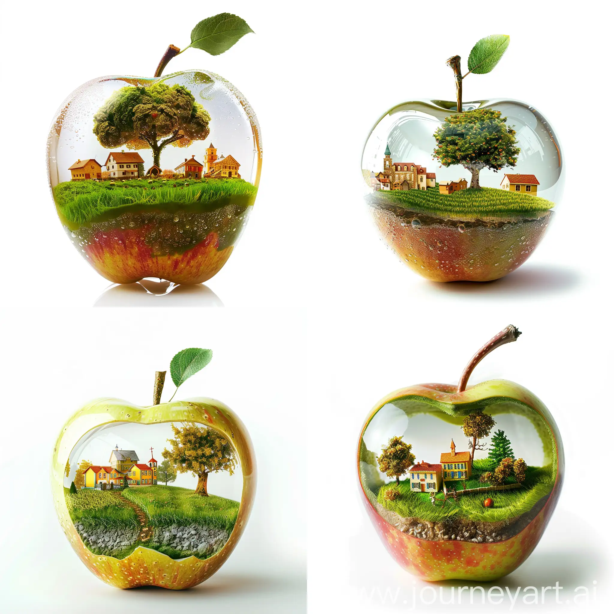 Transparent apple, in the apple a village with green grass and a tree. And holding the apple. White background