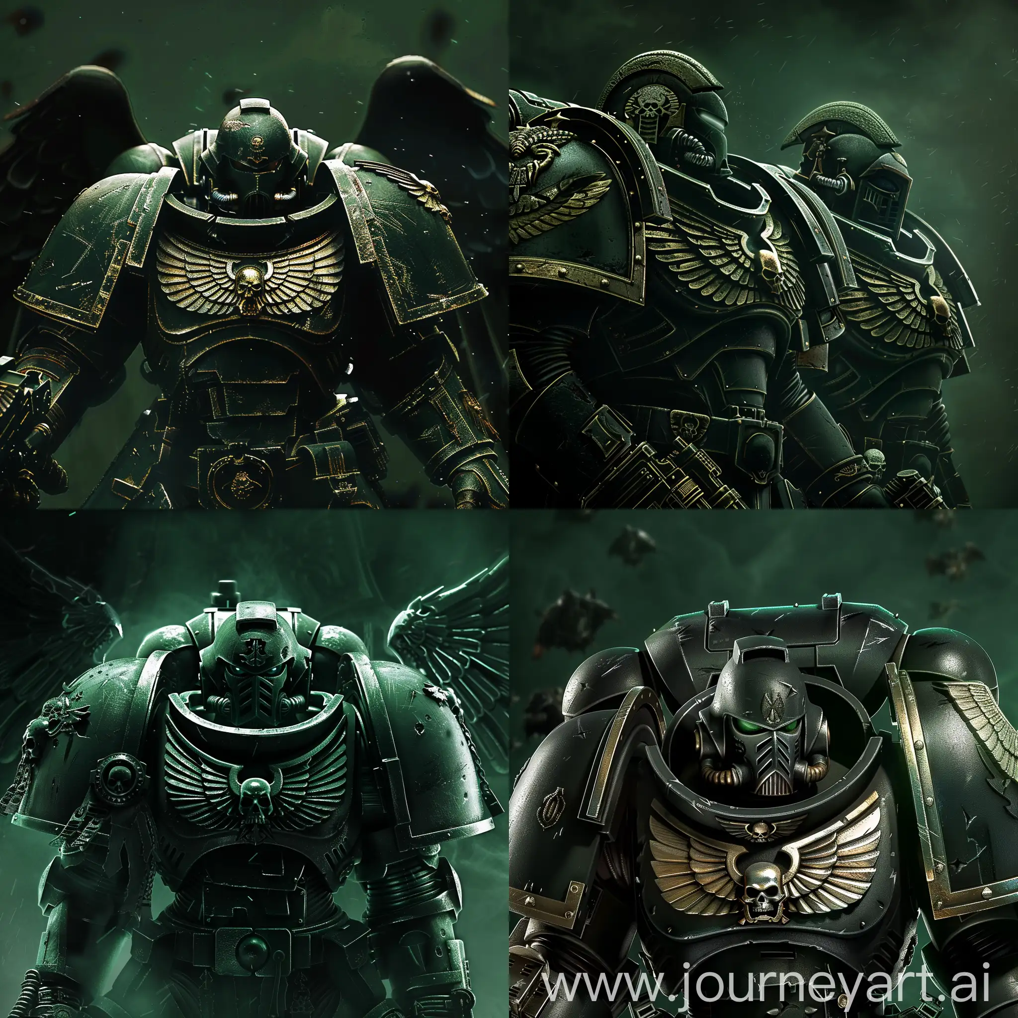 The Dark Angels from the Warhammer 40k universe. The background is dark green. 