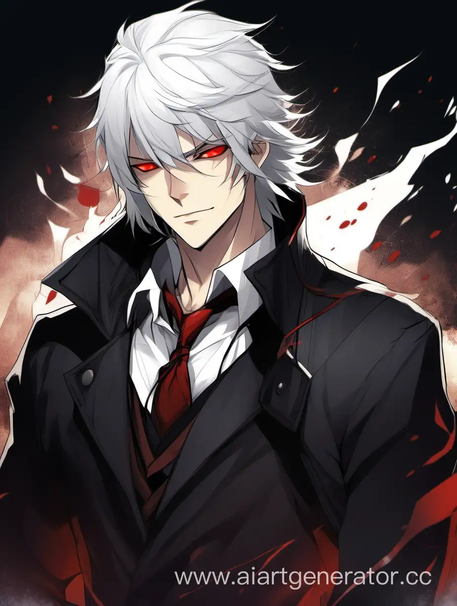 Male, young adult, white hair with bangs, red eyes, scar on face from eyebrow to lips, battle mage, thin, tall, muscular, mischevious smirk, cute, black coat, white shirt