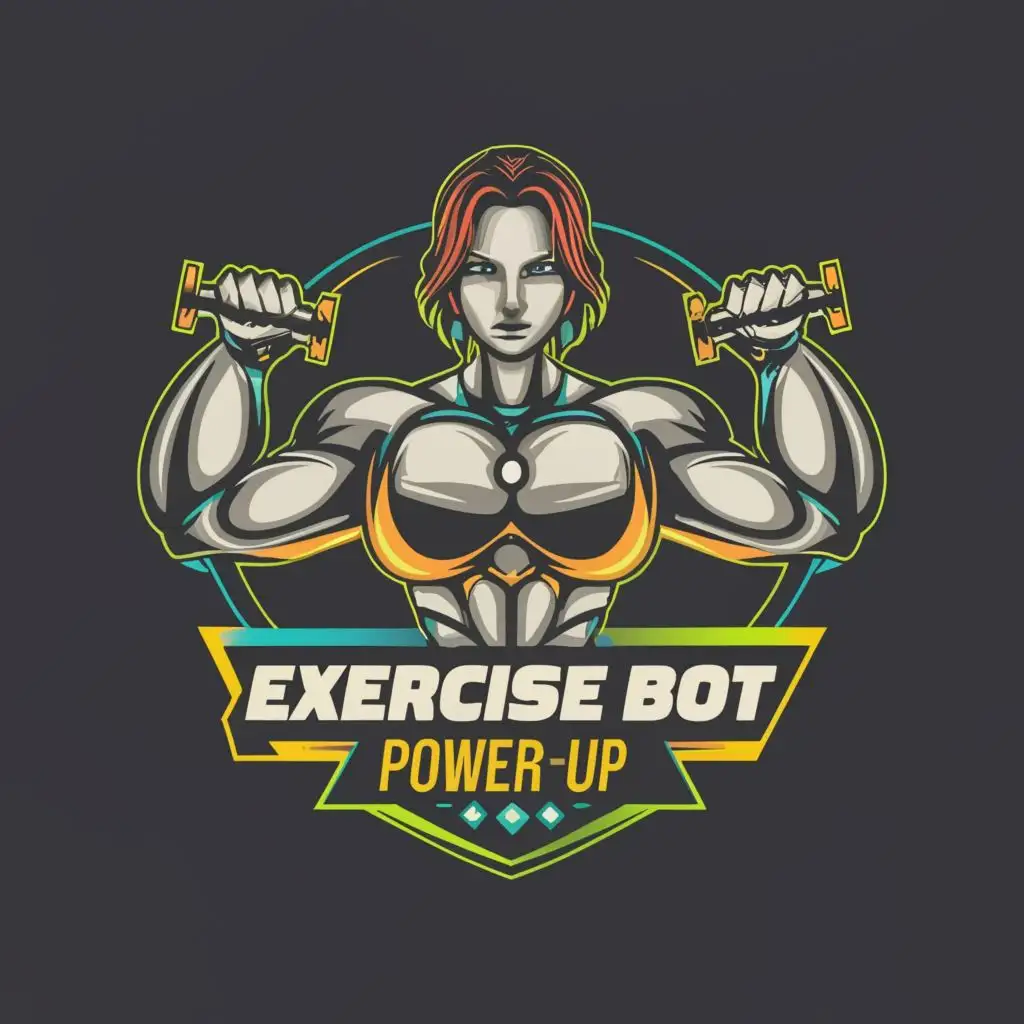 logo, Muscular female robot, with the text "Exercise Bot Power Up", typography, be used in Sports Fitness industry