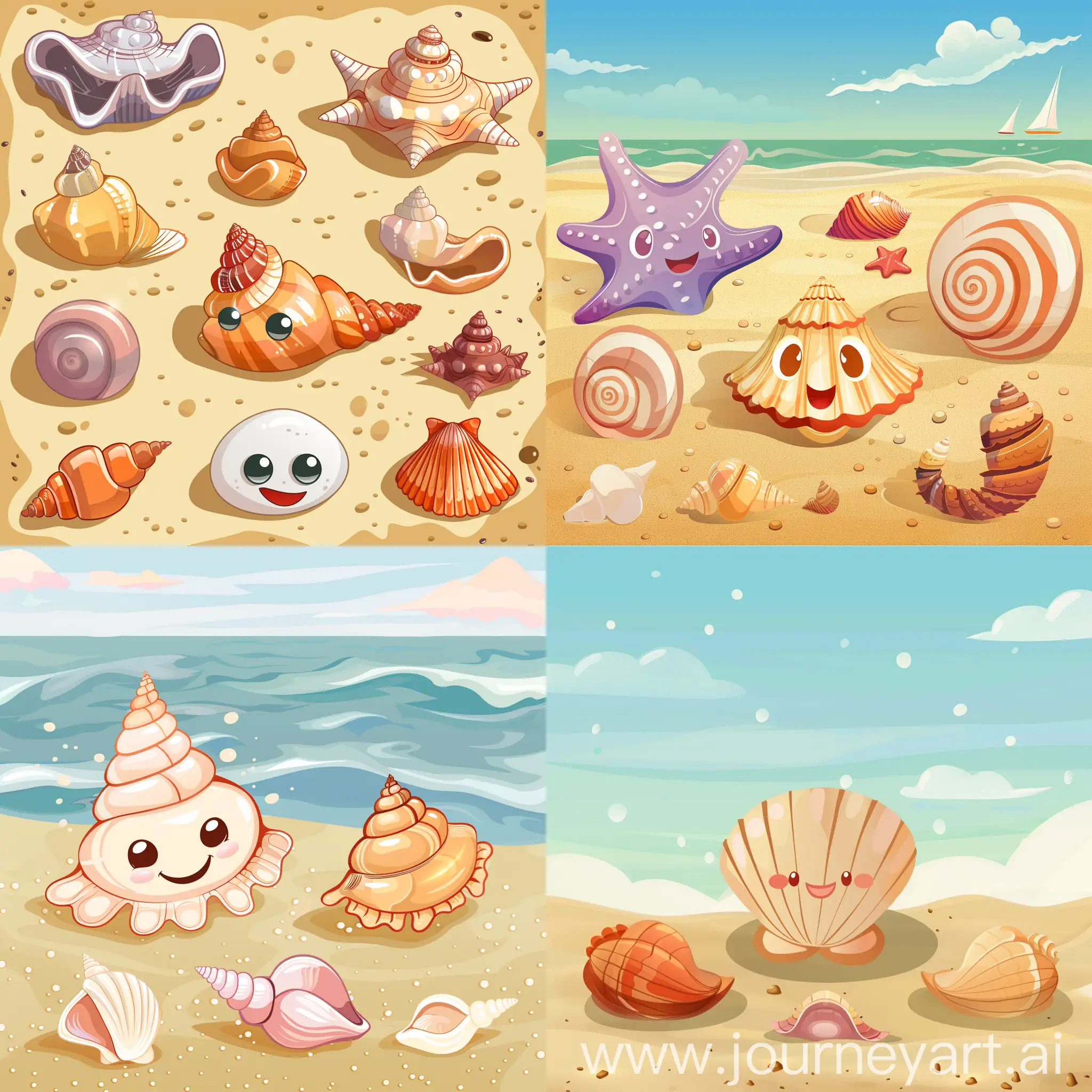 Cartoon-Seashells-Playing-on-Sandy-Beach