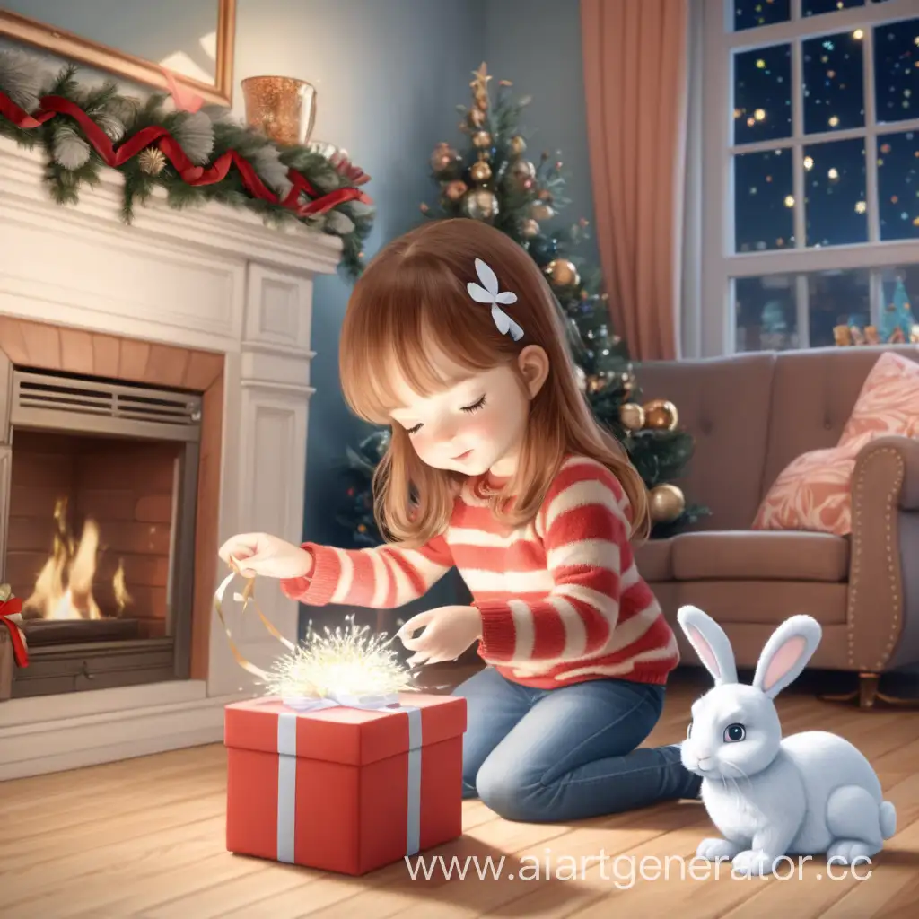 девушка открывает подарок на новый год а в нём маленький зайчик