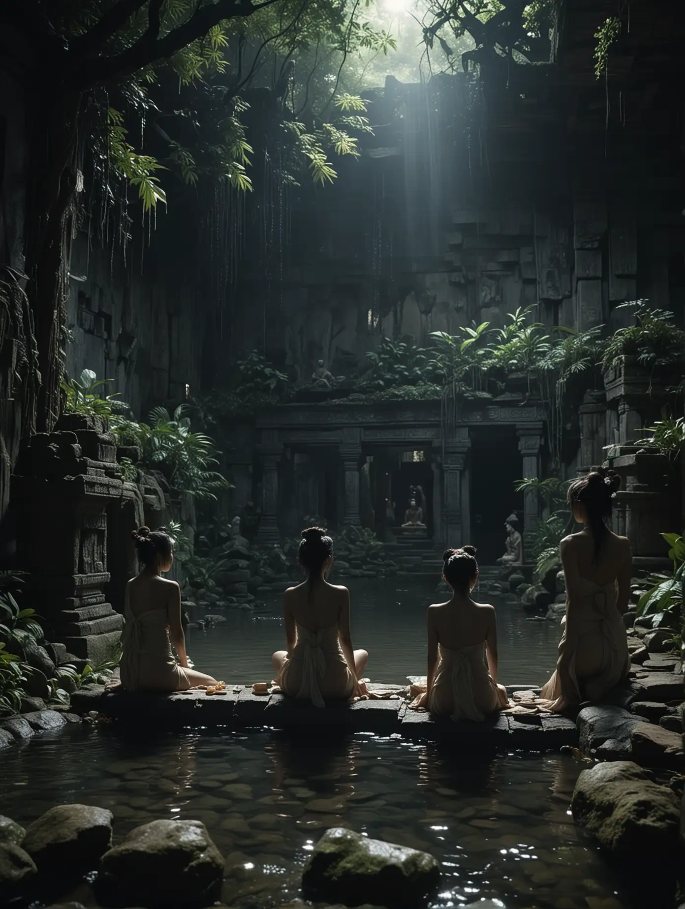 exploitation movie still photo showing a few Japanese priestesses, bathing at a lonely ruined jungle temple, close up figures composition, dark dappled moonlight night, sensual
