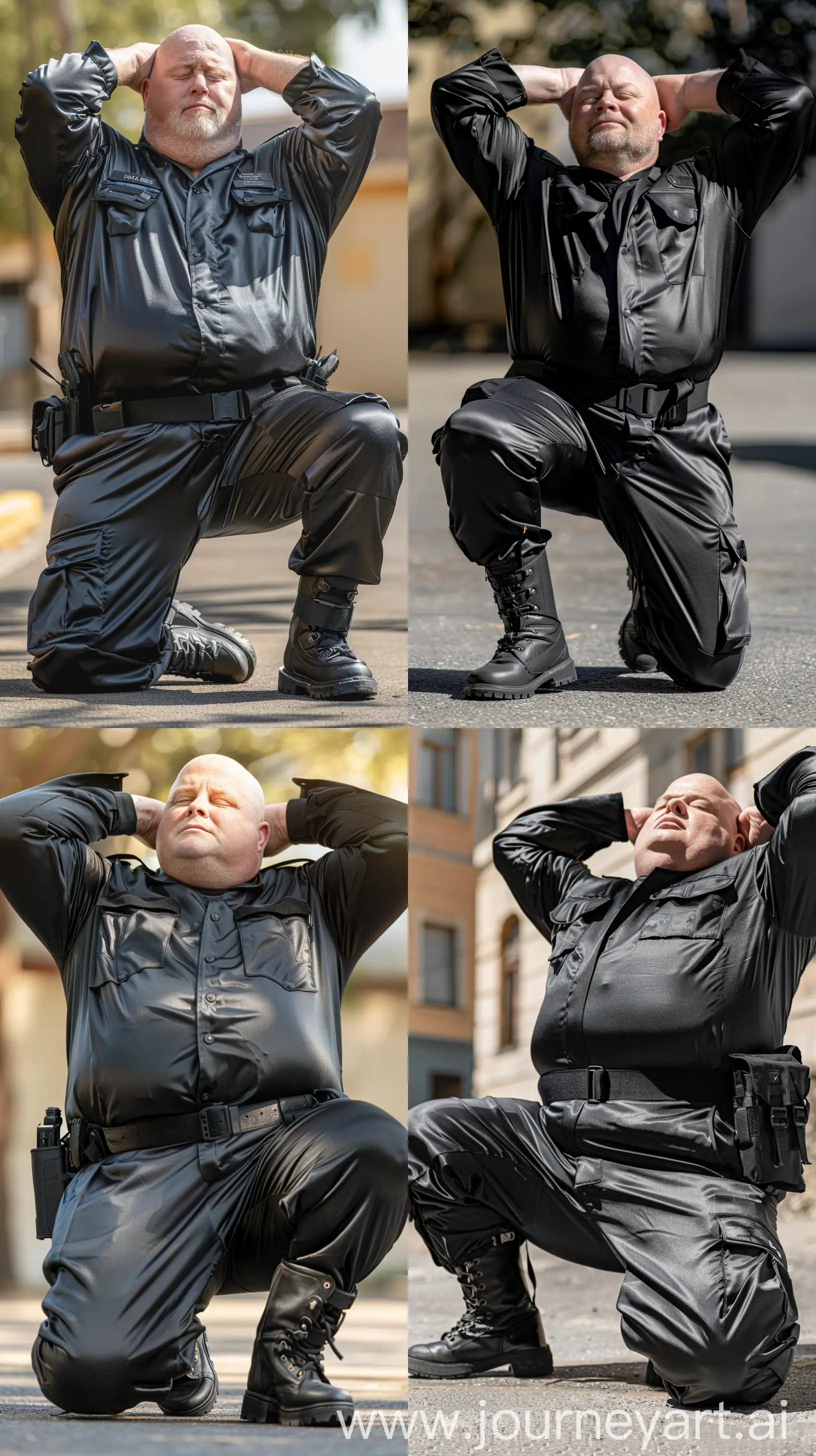 Close-up chest-level photo of a fat man aged 60 wearing a silk black security guard skinny-fitted full coverall tucked in black tactical boots. Black tactical belt. Outside. On his knees, hands behind his head. Bald. Clean Shaven. Natural light. --style raw --ar 9:16