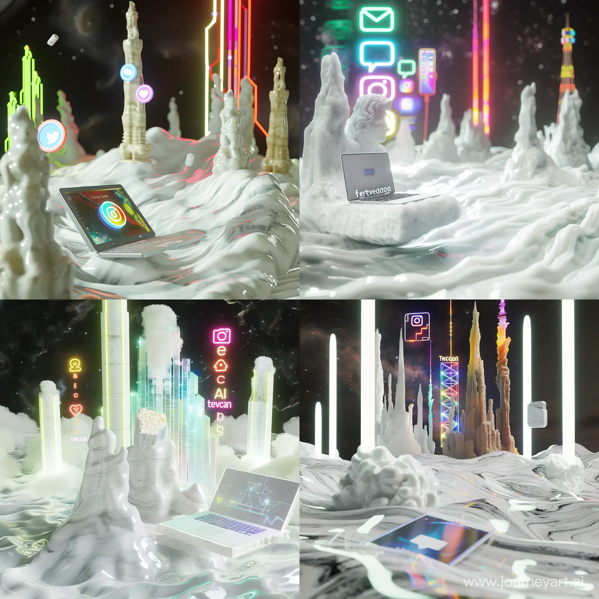 a close up shot of laptop and phone marble statue floating. The statue is emerging from a rippling liquid nebula in deep space resembling a deep and dark white ocean pierced by vibrant spires of neon gas. Mysterious towers lurch in the background, 3d icons of 'internet' 'instagram 'telegram' levitating over the ocean. backlit by a heavenly glow.